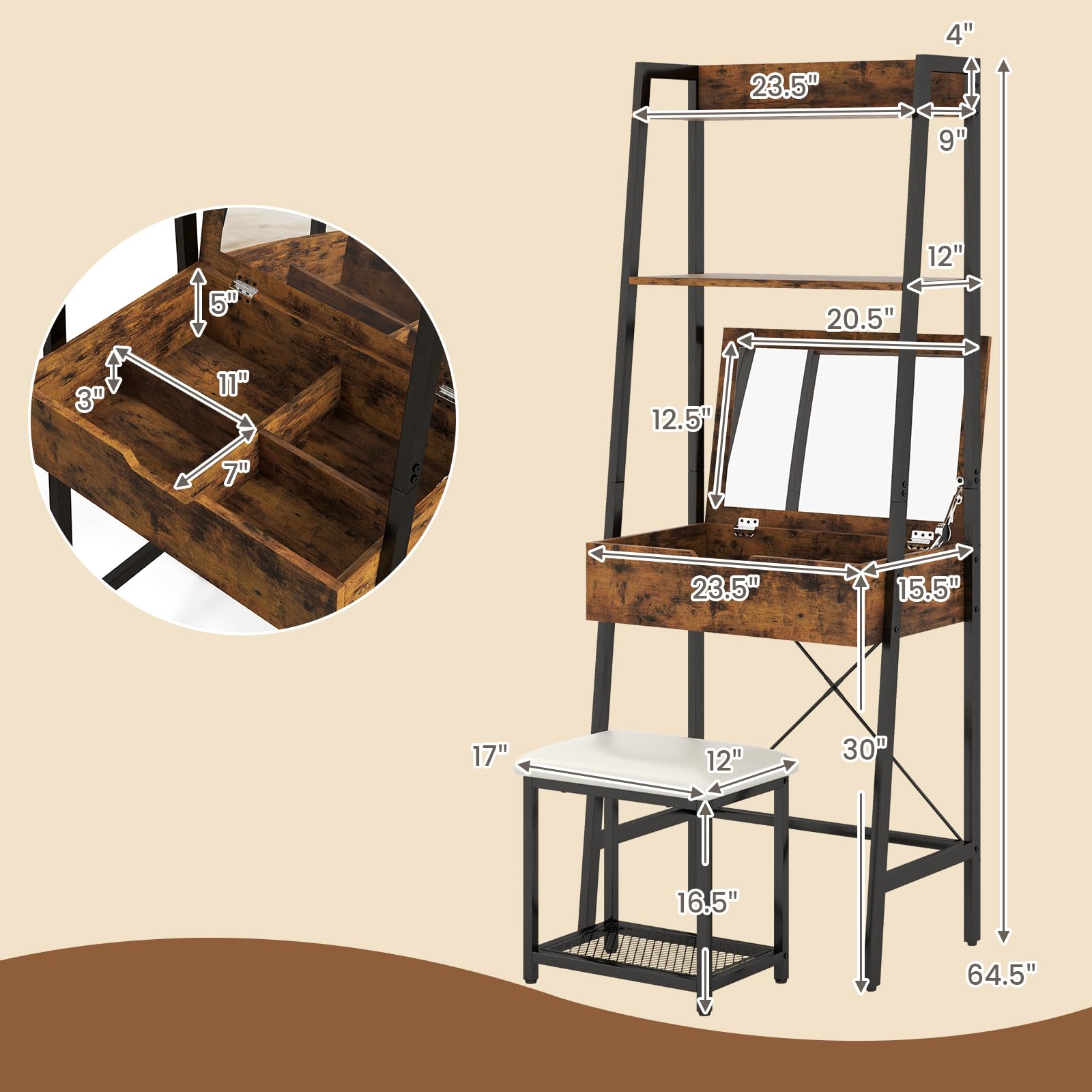 Amazon.com: CHARMAID Ladder Vanity Desk Set - Makeup Vanity Table with Flip  Top Mirror, Cushioned Stool, 4 Storage Compartments, Open Shelves, Girls Dressing  Table for Small Space (Rustic Brown & Black) :
