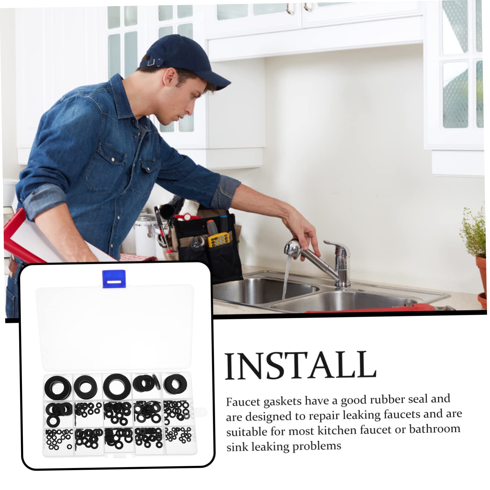 OSALADI Guarnizioni Rubinetto 215 Pezzi, Rondella di Tenuta in Plastica Nera, Assortimento Piatto e Smussato per Lavandino Bagno e Cucina, Riparazione Perdite