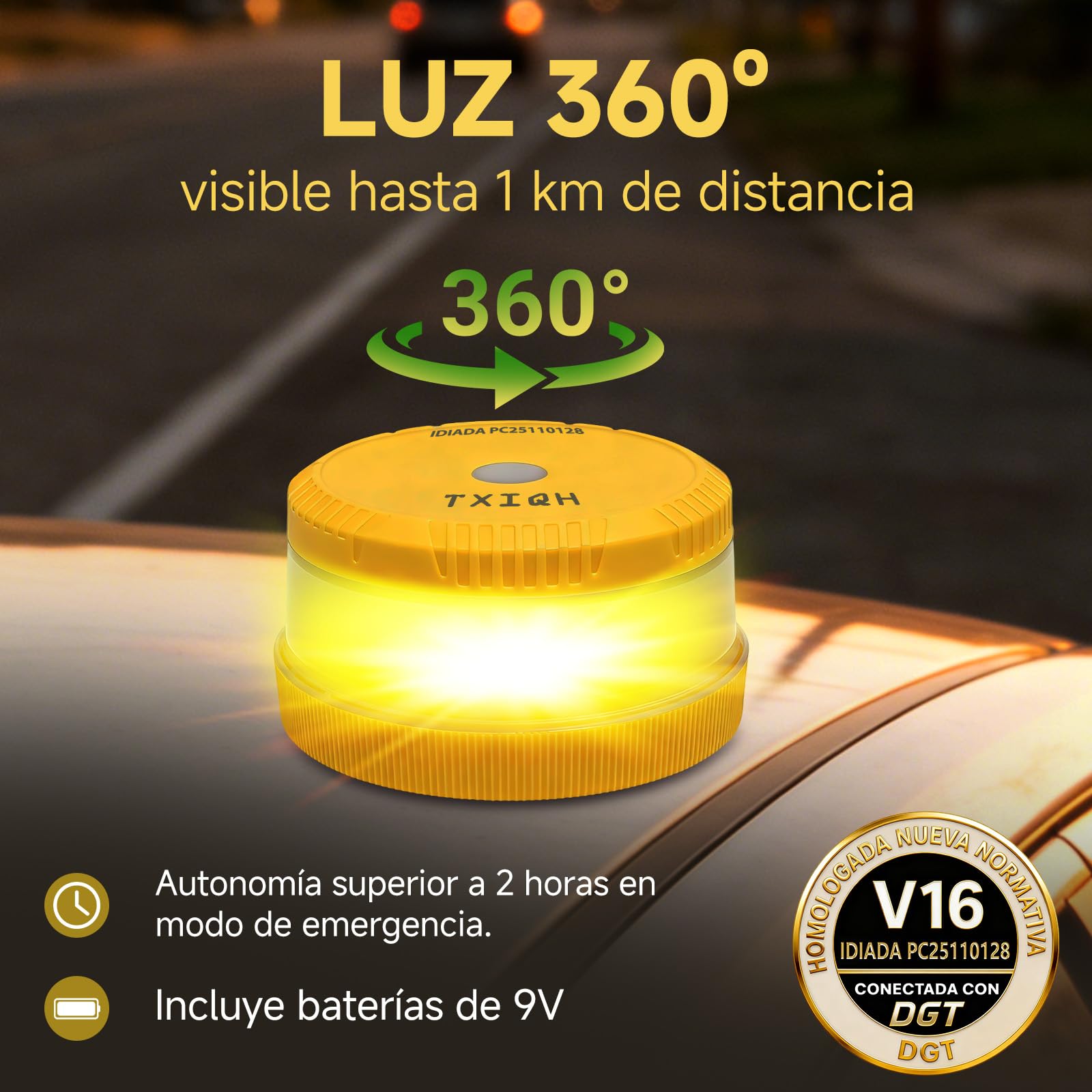 Baliza V16 Homologada DGT con Geolocalización y Conexión DGT 3.0, MOD100 PLUS LED 360°, IP54