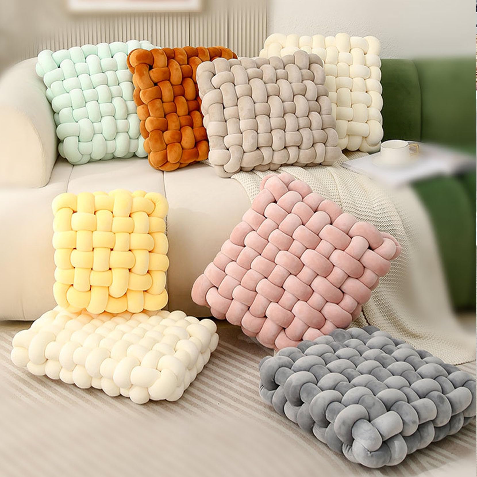 Plüsch-Knotenkissen, handgefertigt, geknotet, sensorisches Kissen, weiches Bouclé, quadratisches Plüsch-Rückenlehne, Bodenkissen für Zuhause, Sofa, Schlafzimmer, Büro, Dekor (Grau B, M (33 x