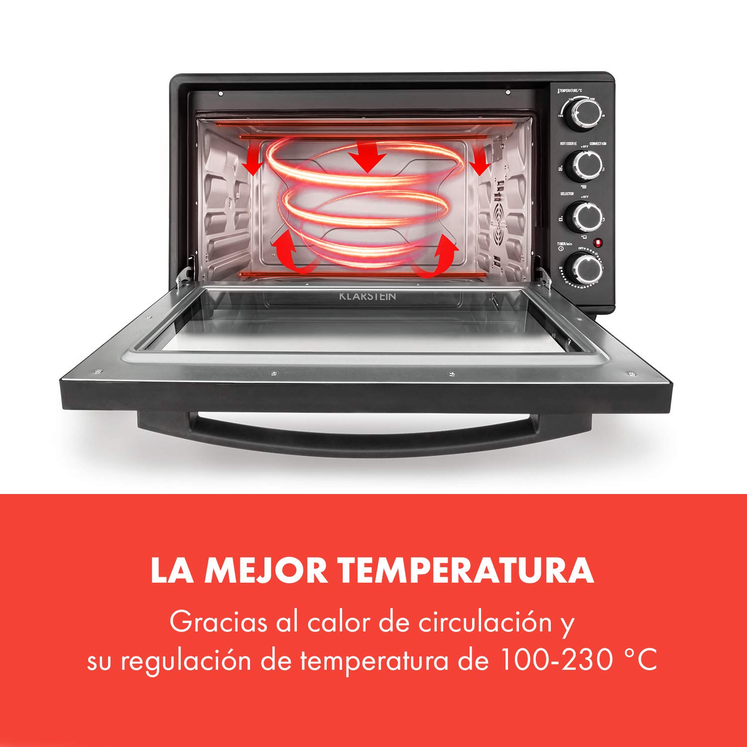 KLARSTEIN Masterchef 60 Mini Horno Electrico de sobremesa 60L, 2000W, 100-230°C, asador giratorio, función de circulación de aire, temporizador, puerta doble cristal, acero inoxidable, Negro