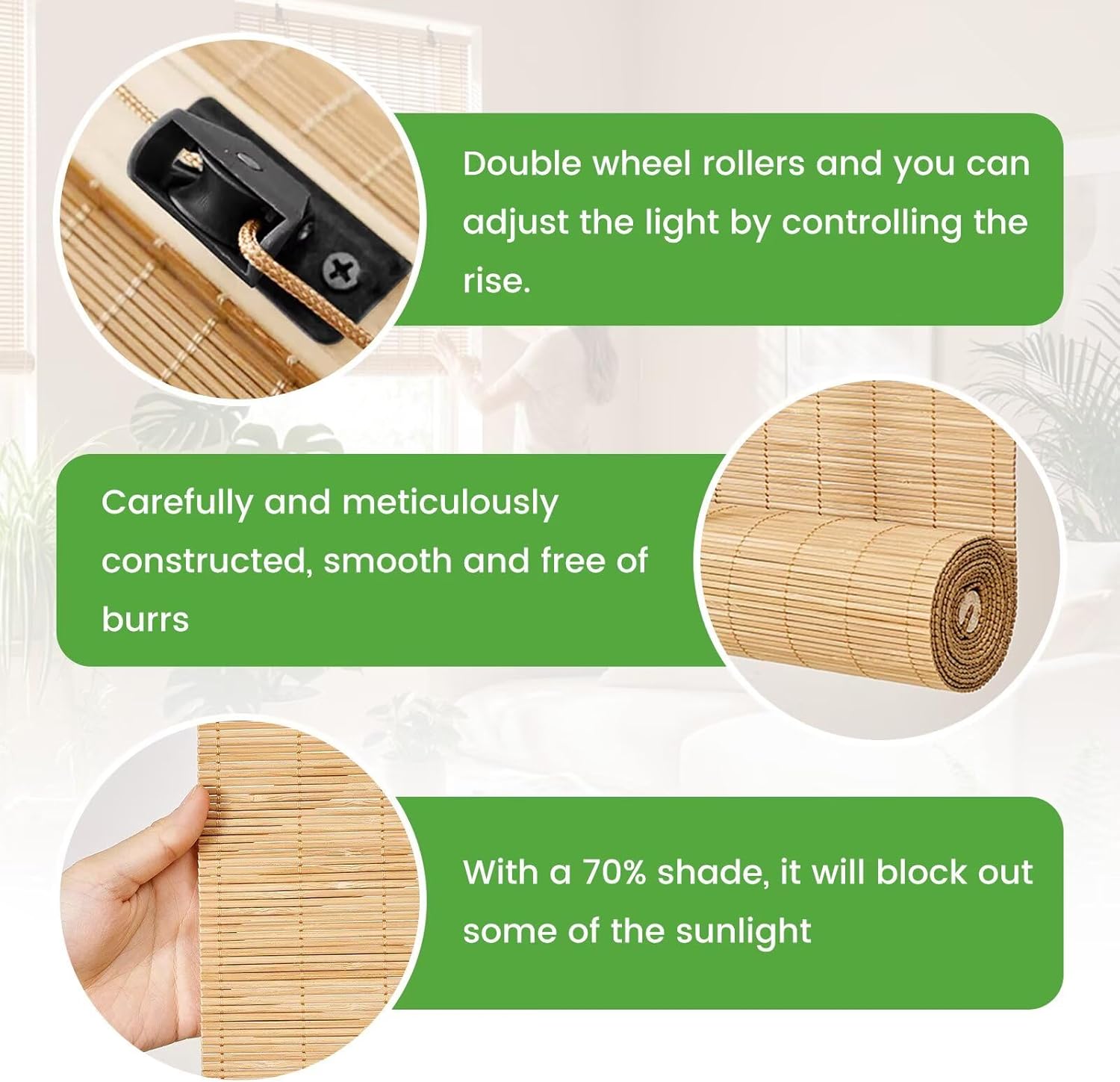 bamboo blinds, easy to install bamboo shades for indoor windows, custom sizes roller shades for indoor windows, roll up blinds indoor outdoor patio natural 32"w x 72"h