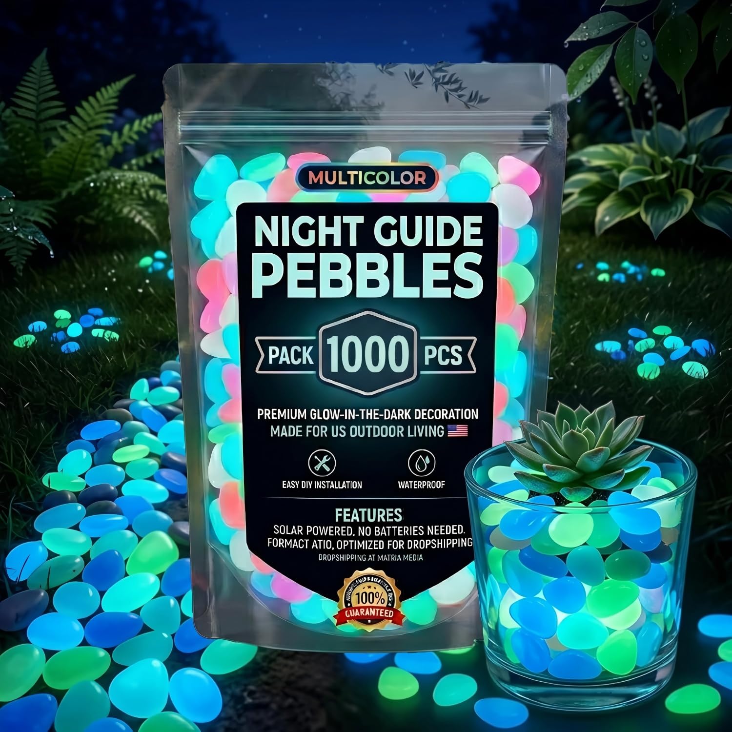 Colorful Glow in the Dark Pebbles for Garden Walkway - Luminous Decorative Stones for Garden Path, Yard & Fish Tank - Outdoor Garden Stones Rainbow Glow Rocks (1000)