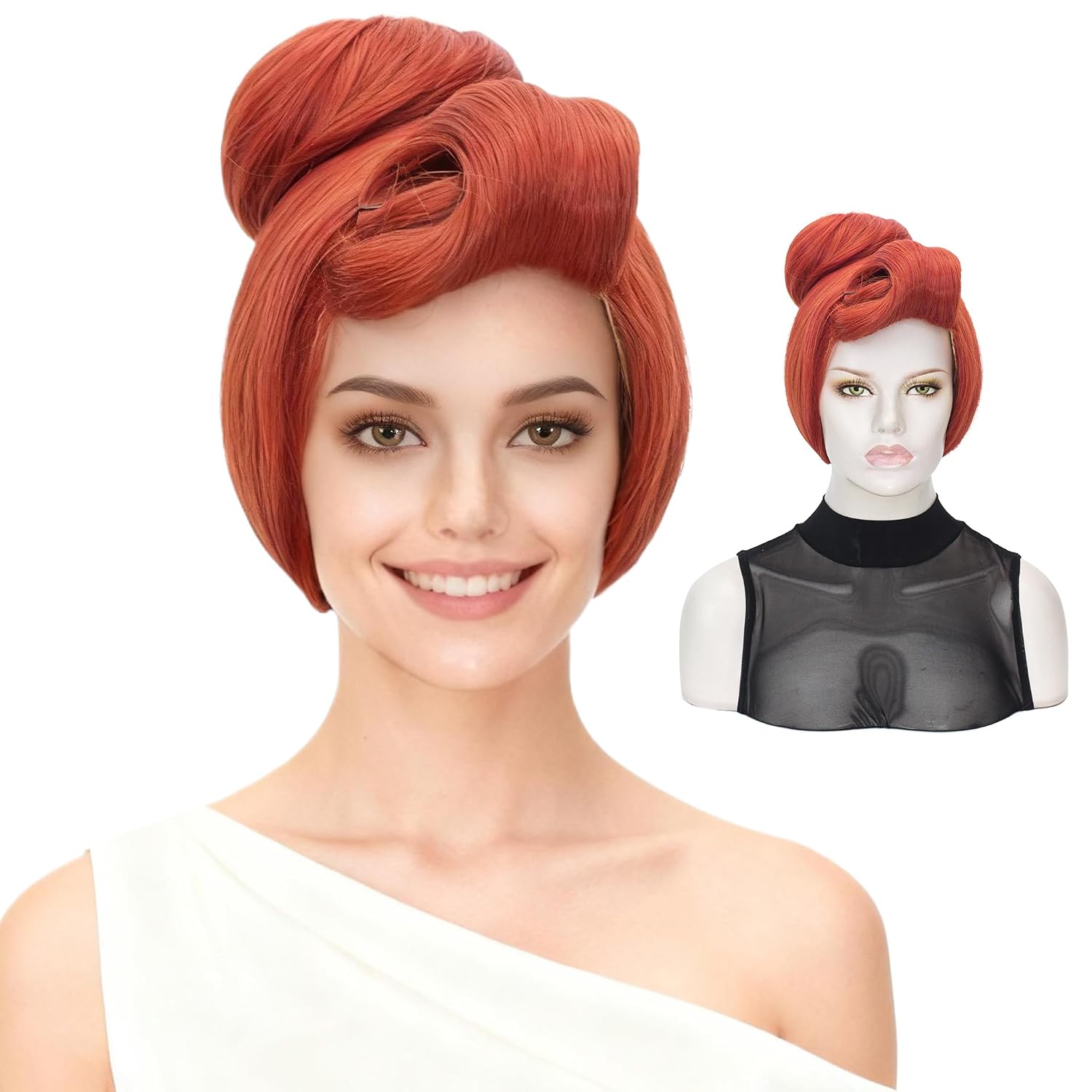 50s Women Wig 60s Short Red Vintage Updo Halloween Costume Bun Party Wig