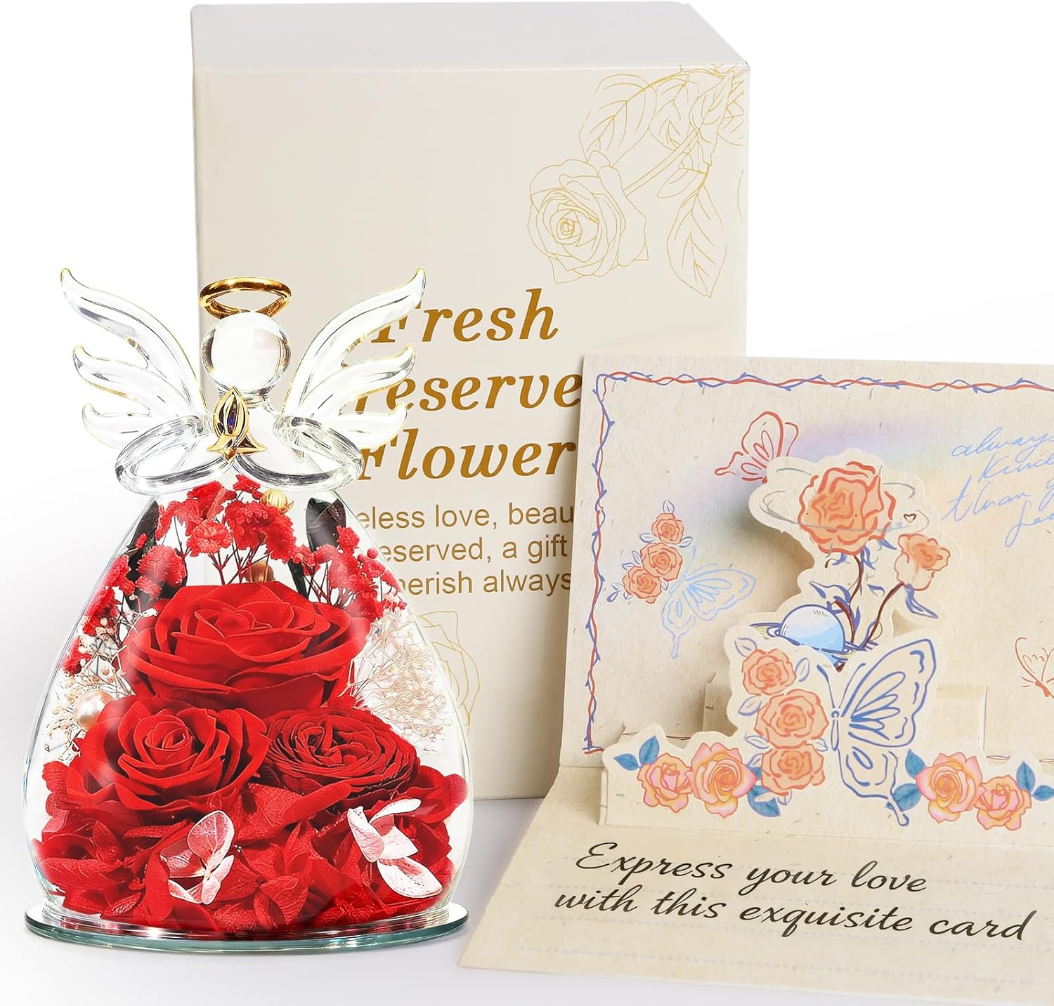 Roses Gifts for Women Birthday, Preserved Flowers Rose in Glass Angel Figurines, Forever Fresh Flowers for Delivery Gift Box for Wife Mom Her Grandma from Daughter