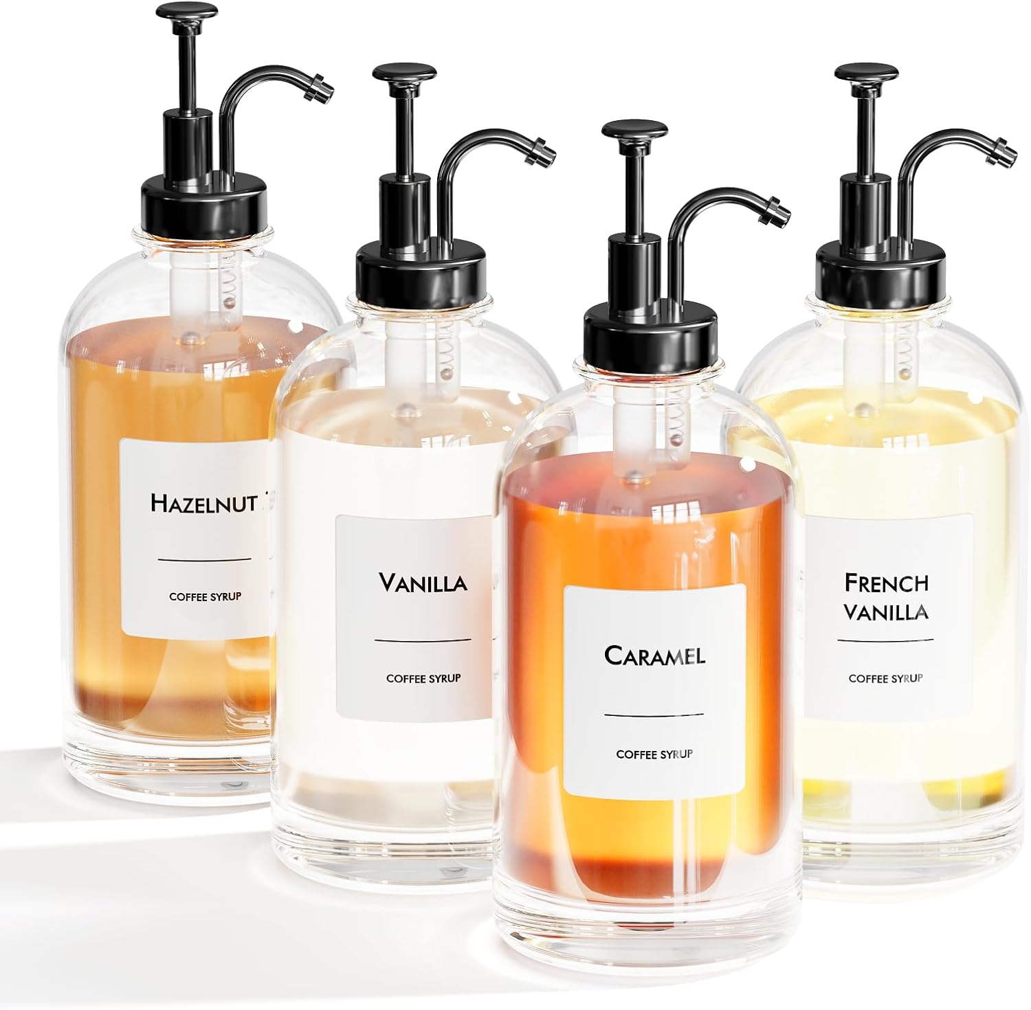 16.9 oz/500 ml Coffee Syrup Dispenser Set - 4 Glass Bottles with Black Pumper and Syrup Labels - Precise Dispensing and Stylish Addition to Coffee Shop, Cafe or Home Bar