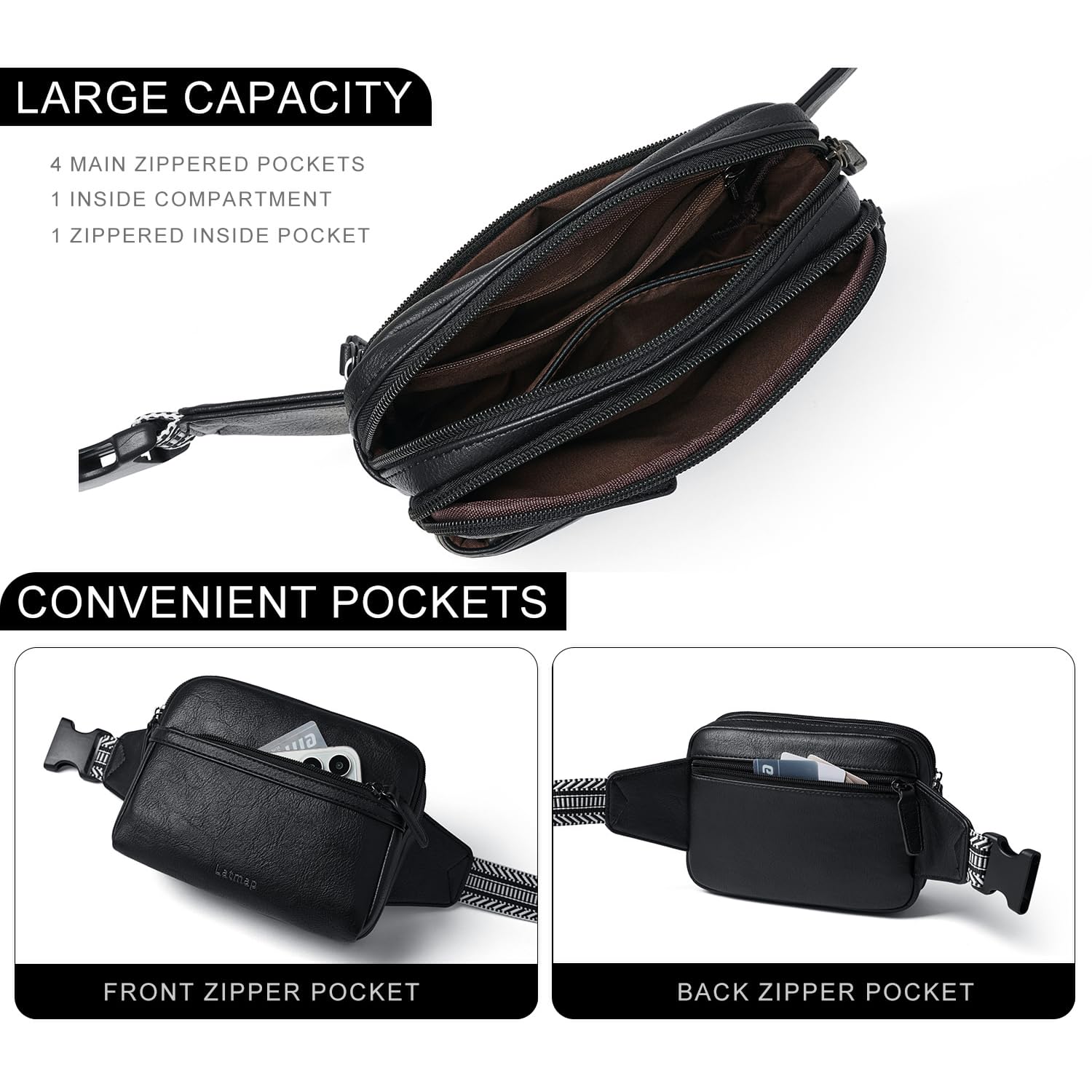 LATMAP 3L Fanny Pack Bumbags for Women Men 4-Zipper Pockets Belt Bag Sling Waist Pack Faux Leather Chest Bag Black - Image 3