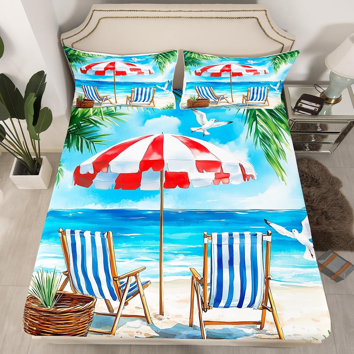 jejeloiu Beach Fitted Sheet Full Size Kids Summer Ocean Bedding Set for Boys Girls Teens Baby Blue Bed Sheets Set Breathable Soft Lightweight