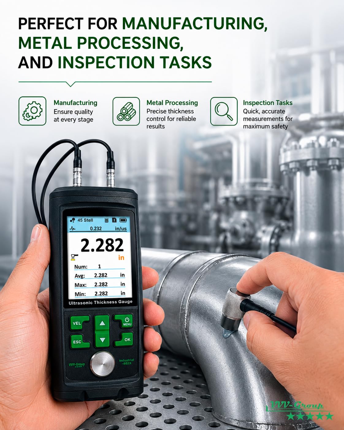 Ultrasonic Thickness Gauge Industrial-882X / Steel, Metals, Plastic, Glass, PVC, Pipes Thickness Gauge Meter – Range 0.039 to 11.811 inch (1-300mm) | Color LCD (All Material)