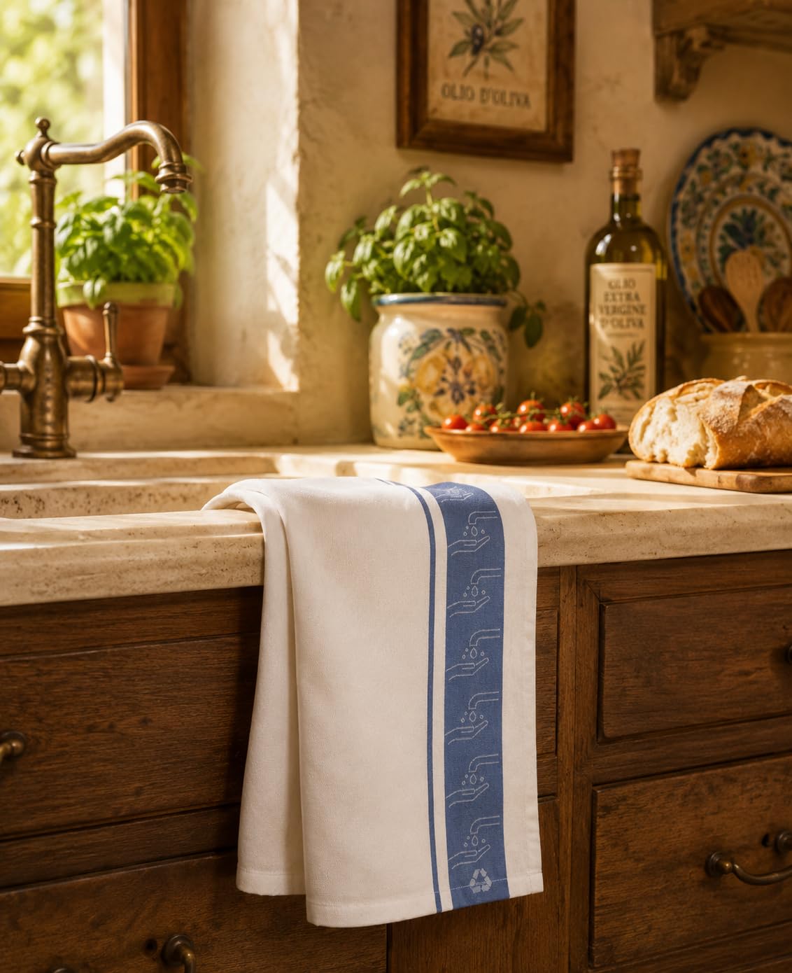 Carlo Lamperti Toallas de mano de cocina Italy Green Coll 61% algodón reciclado, 26% poliéster reciclado, 13% algodón, manos, gafas, tamaño de calor 27 x 22 pulgadas, tamaño del pan 23 x 17