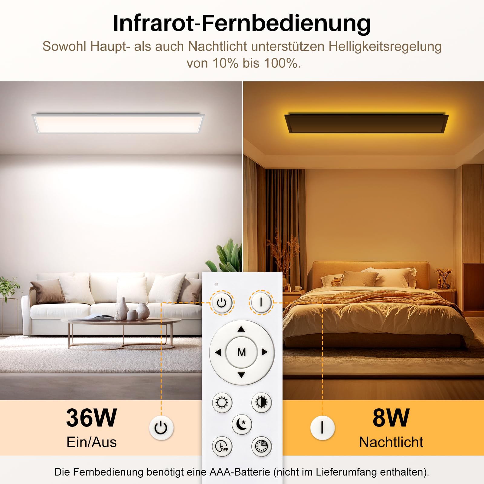 LED Deckenleuchte Dimmbar - LED Panel 120x30cm, 44W 4400LM Deckenlampe mit Fernbedienung 3000K-6500K - Nachtlicht Warm - Deckenleuchte Flach für Schlafzimmer Kinderzimmer Wohnzimme Küchenlampe