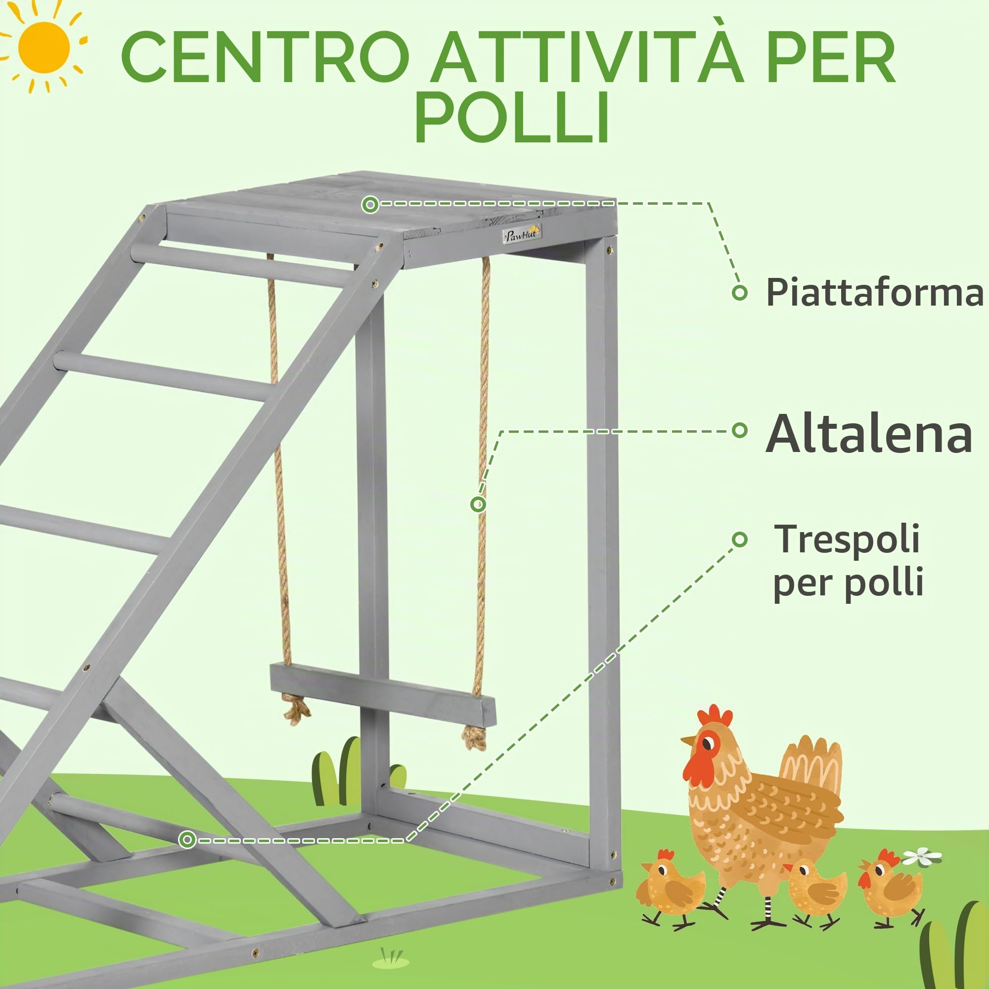 PawHut Posatoio in legno per galline, area giochi in legno per galline con altalena, scala, piattaforma, zona naturale per, 96 x 40 x 71 cm, grigio