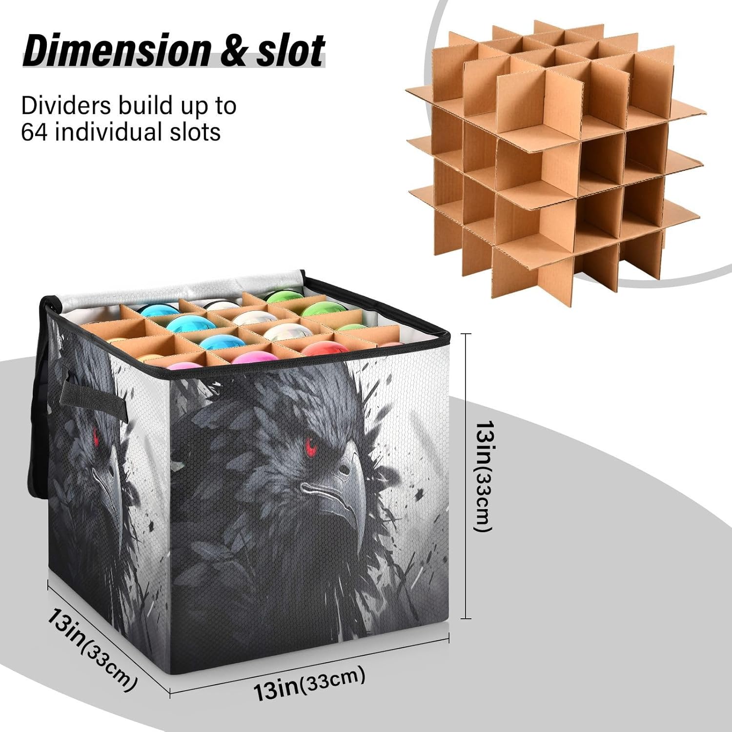 Crow Head Pattern 13 Inch Christmas Ornament Storage Box with Lid - Holiday Decor Storage Containers, Stores 64 Ornaments, 3 Inch Cube Compartments