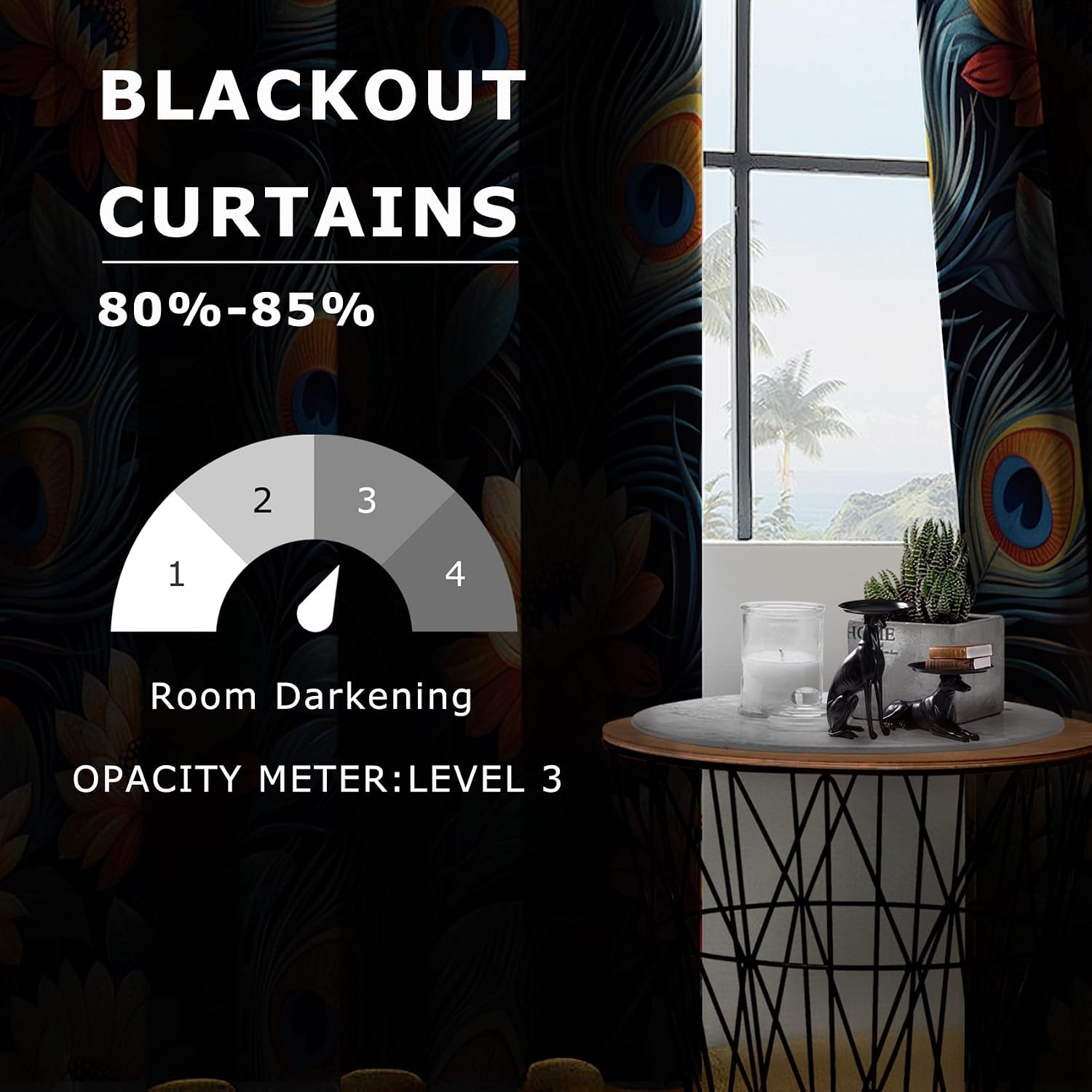 Floral Curtains 63 Inch Length - Peacock Feather Sunflower Flower Patterned Blackout Curtains for Living Room Bedroom, Room Darkening Grommet Drapes Window Treatments, 2 Panel Set