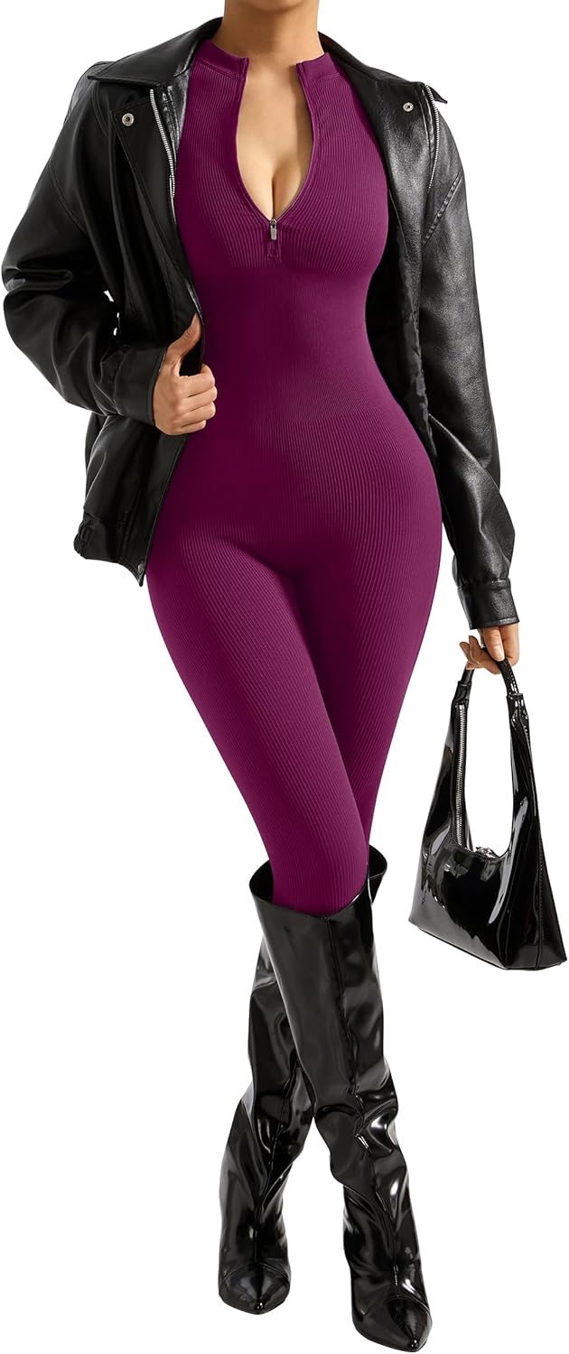 SUUKSESS Women Long Sleeve Ribbed Jumpsuit Zip up Front Workout Bodycon Romper - Image 2