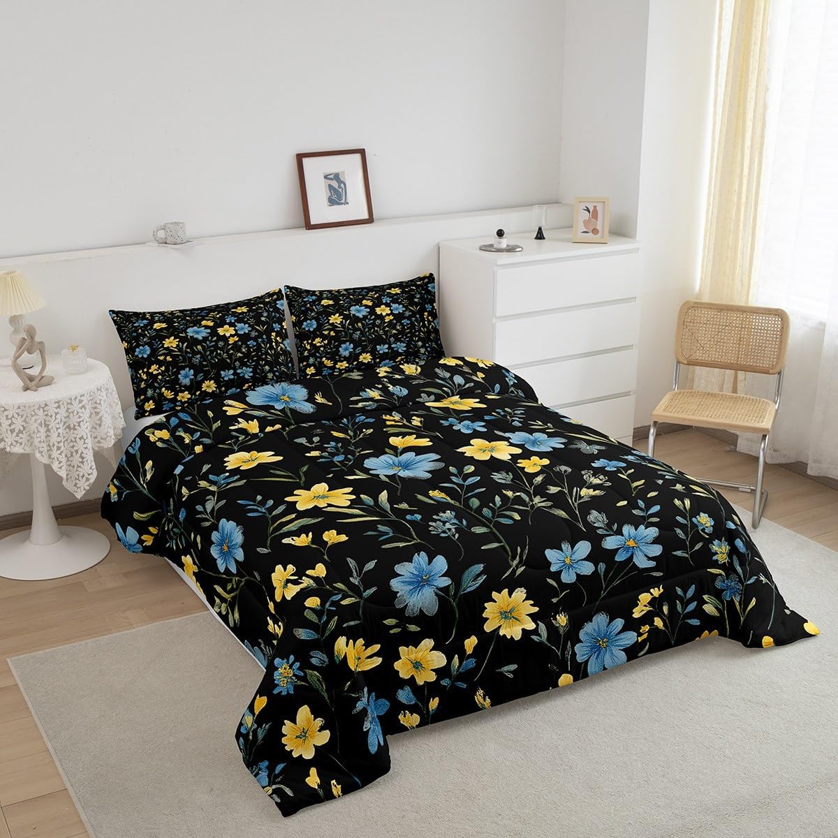 Erosebridal Spring Flower Toddler Bedding Set, Beautiful Floral Comforter Set Stylish Botanical Leaves Duvet Insert for Kids Women Adult Bedroom, Modern Minimalist Quilt Rustic Farmhouse Decor, Black