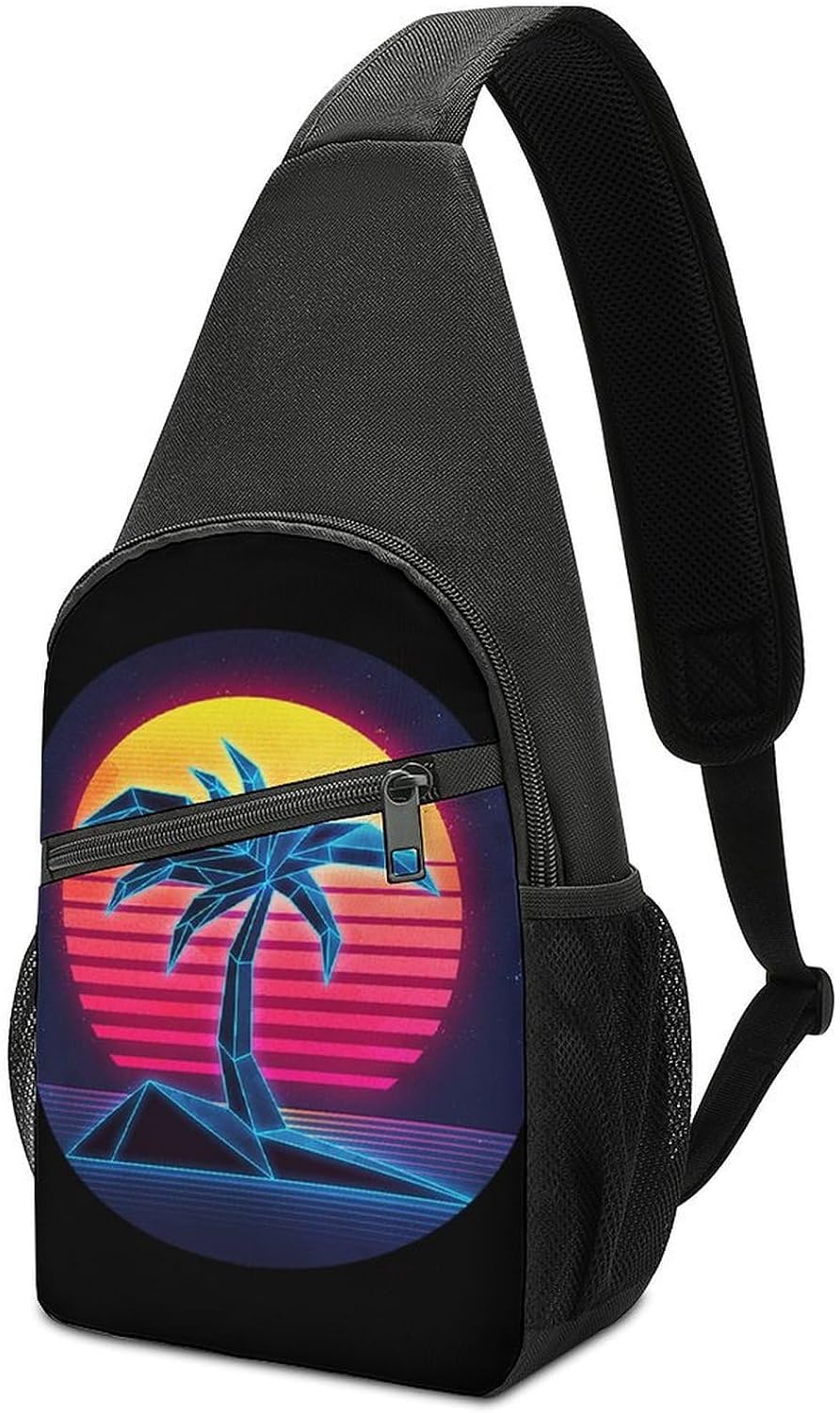 Coconuts Trees 80s Sunset Crossbody Sling Backpack Chest Bag Daypack | unisex,trendy,with convertible and detachable shoulder strap,side pockets