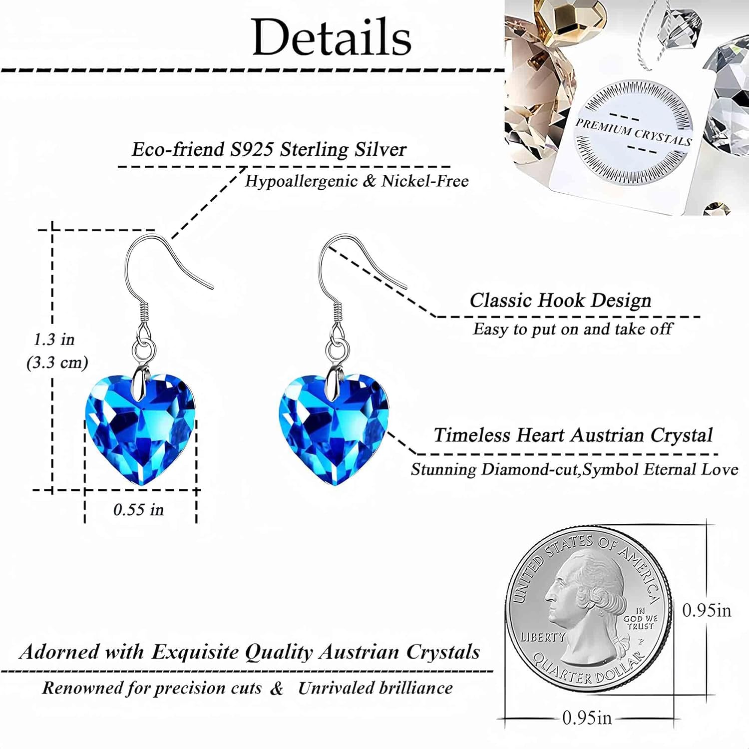 Austrian Crystal Heart Drop Dangle Earrings for Women 925 Sterling Silver Hook Hypoallergenic Earring - Image 4
