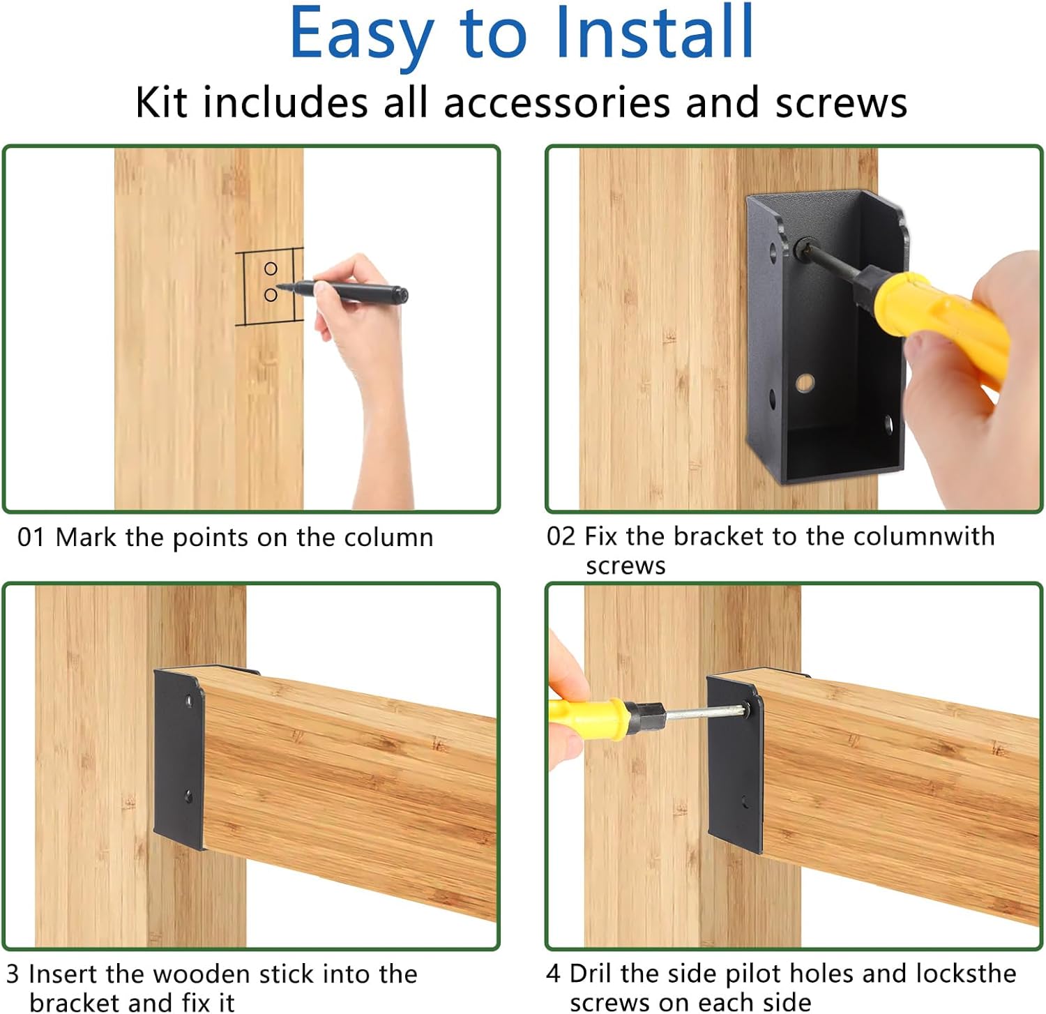 24 Pcs Deck Railing Brackets, U-Shaped Concealed Brackets for 2x4 Wood Posts (Actual 1.5"x3.5"), Black Metal Fence & Handrail Connectors with Screws & Drill Bit, Rust-Proof Outdoor Use