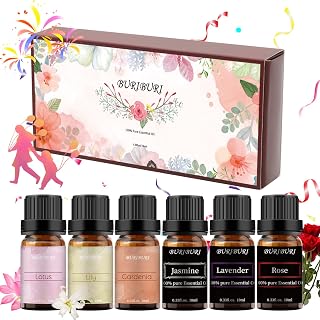 Essential Oils Set by BURIBURI 100% Pure Oils Kit - Top 6 Aromatherapy Oils Mother's Day Gift Set - 6 Pack, 10ML (Gardenia, Lily, Lotus, Lavender, Jasmine, Rose)