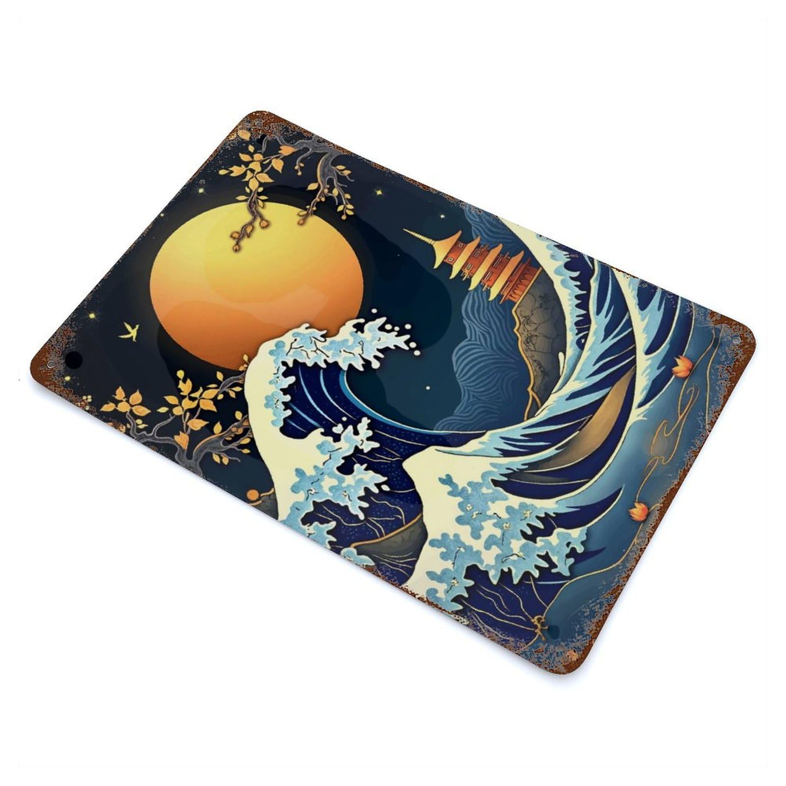 Great Wave Japan Aged Metal Wall Plaque 11.8"x7.9", for Pub, Kitchen And Man Cave Decor, Decorative Metal Wall Art