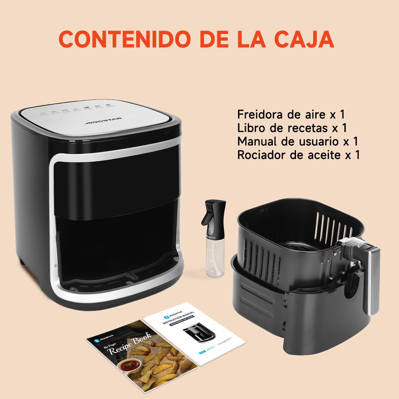 Aigostar Freidora de Aire XXL 7 Litros/2Kg, Air Fryer con Doble Cesta Independiente, Tecnología Rapid Air, 8 Programas, Función de Mantenimiento de Calor, App de Recetas/Libro de Recetas, 1900W