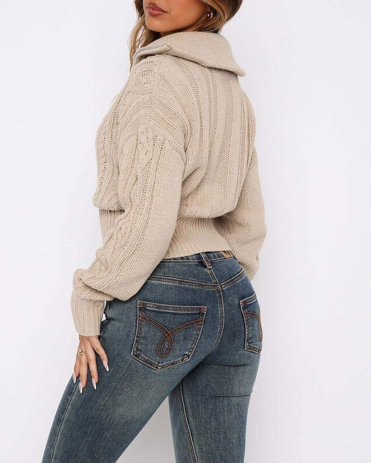 CHARTOU Women's Cable Knit Cardigan Cropped Zip Up Stand Collar Slim Stretch Plain Fall Chunky Fall Sweaters