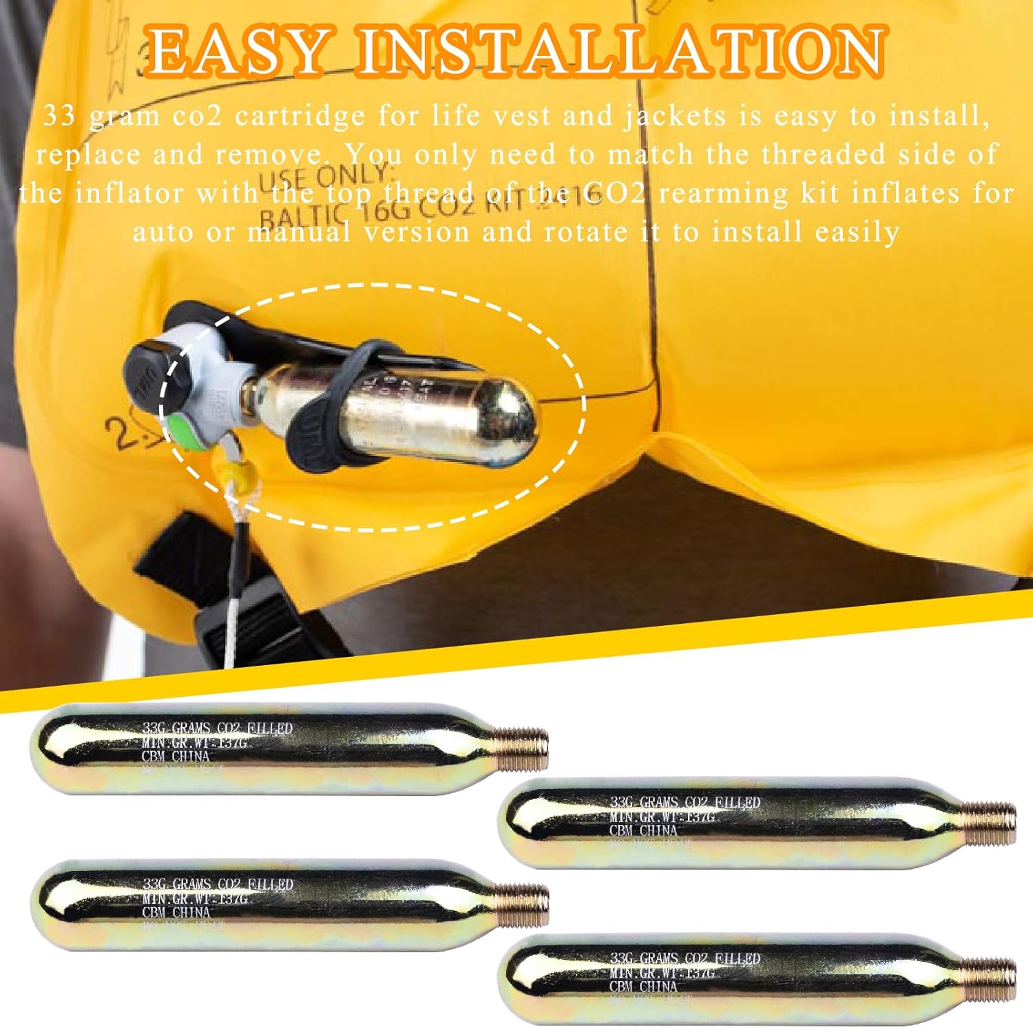 CO2 Rearming Cylinder for Auto Manual Version of Inflatable Jackets Life Vests Waist Belt Personal Flotation Device PFD-Rearming Accessories 1/2-inch Replacement 33 Gram Thread CO2 Cartridges 4 PCS