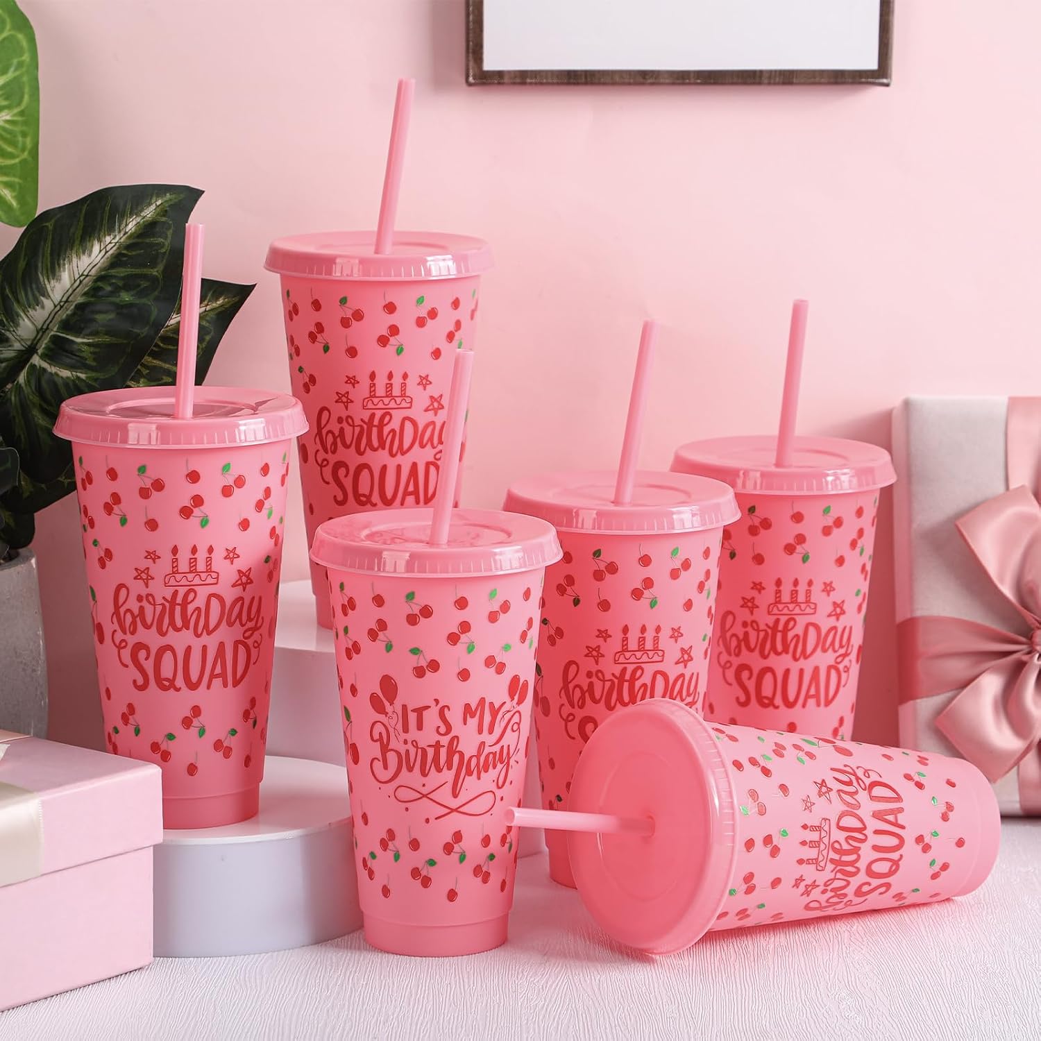 Jingmore 6 Pcs Cherry Birthday Party Cups 24 oz with Lids,Bright Pink | Reusable Plastic Tumblers for Squad Celebrations, Berry Fruit Theme Decorations, Drinking Set with Straws, Favors Gift