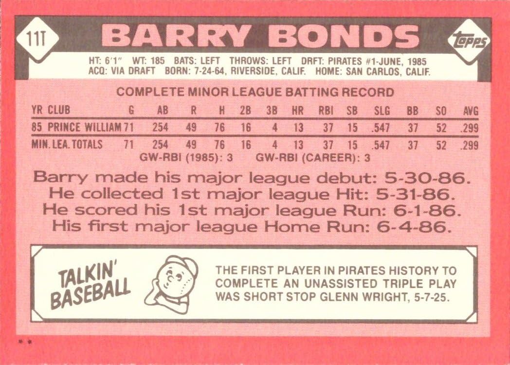1986 Topps Traded Baseball #11T Barry Bonds Rookie Card