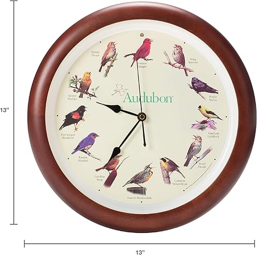 Miniatura 2 de Mark Feldstein Audubon - Reloj de pared con diseño de pájaro cantante, marco de madera con acabado de cerezo de 13 pulgadas