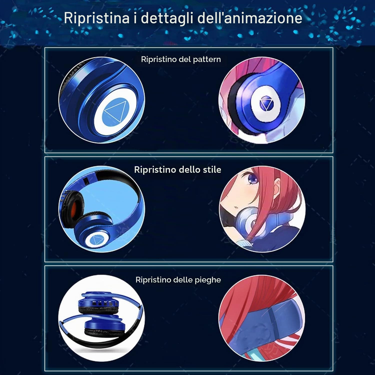 Nakano Miku Cuffie Bluetooth Quintuplets Quintessential con microfono integrato, auricolari wireless pieghevoli sopra l'orecchio, stereo Hi-Fi per Cosplay, blu
