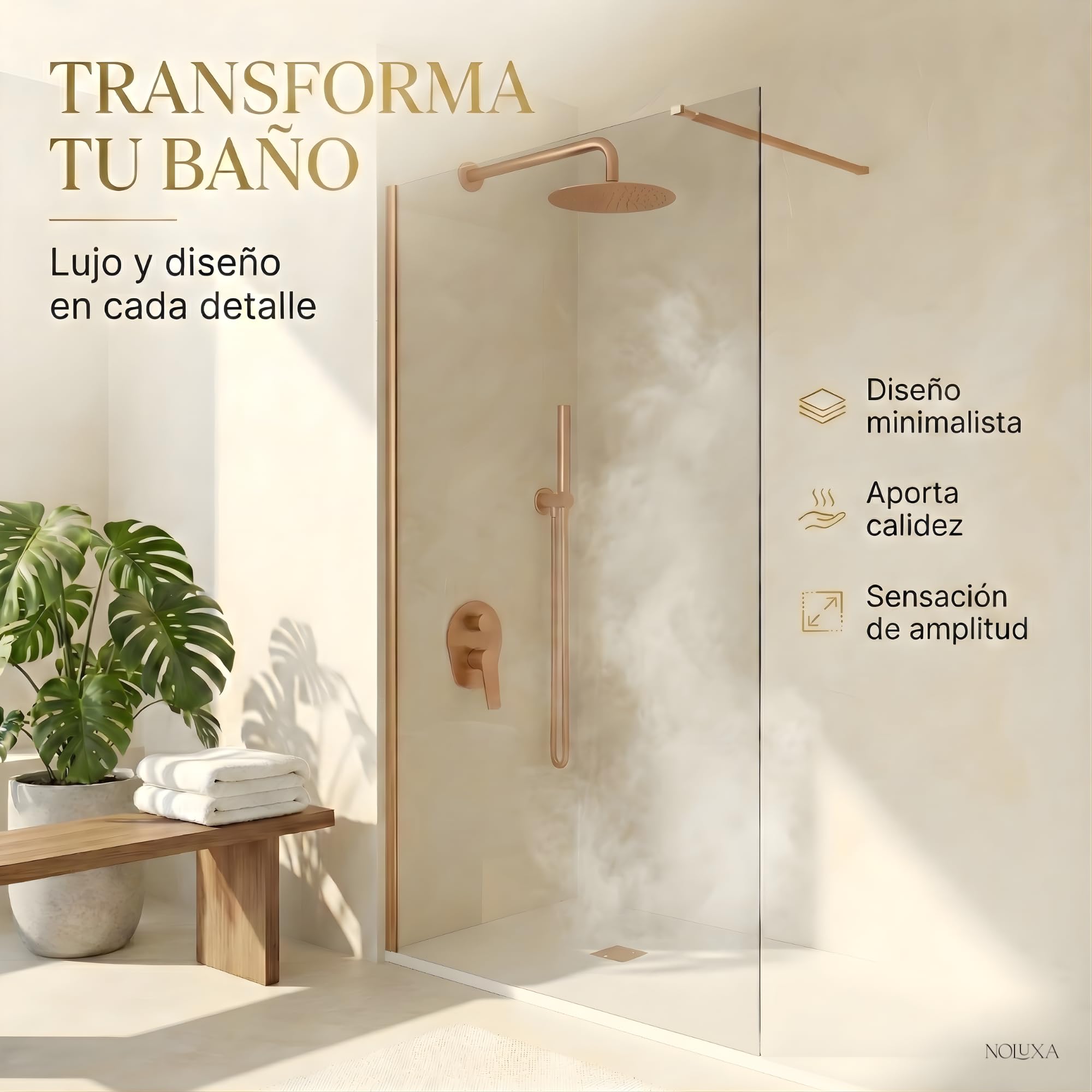 IMEX - Mampara Ducha Fija Oro Rosa 90cm Frontal con Brazo de Sujeción | Mampara de Cristal Antical y Perfilería de Aluminio con 195cm de Altura | Vidrio con Grosor 6mm y Sistema de Montaje Fácil