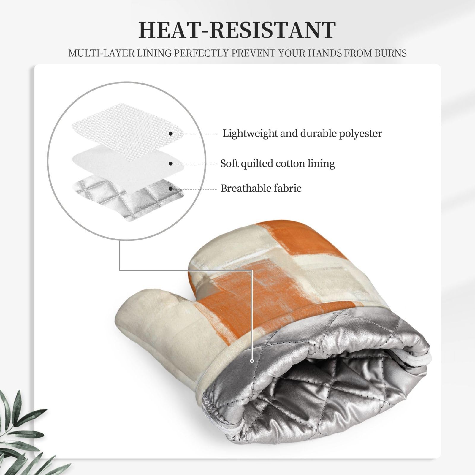 Juego de 2 manoplas de horno y soportes para ollas de pintura abstracta beige y naranja, resistentes al calor, guantes antideslizantes, decoración de cocina para barbacoa, cocinar, asar a la parrilla, 5