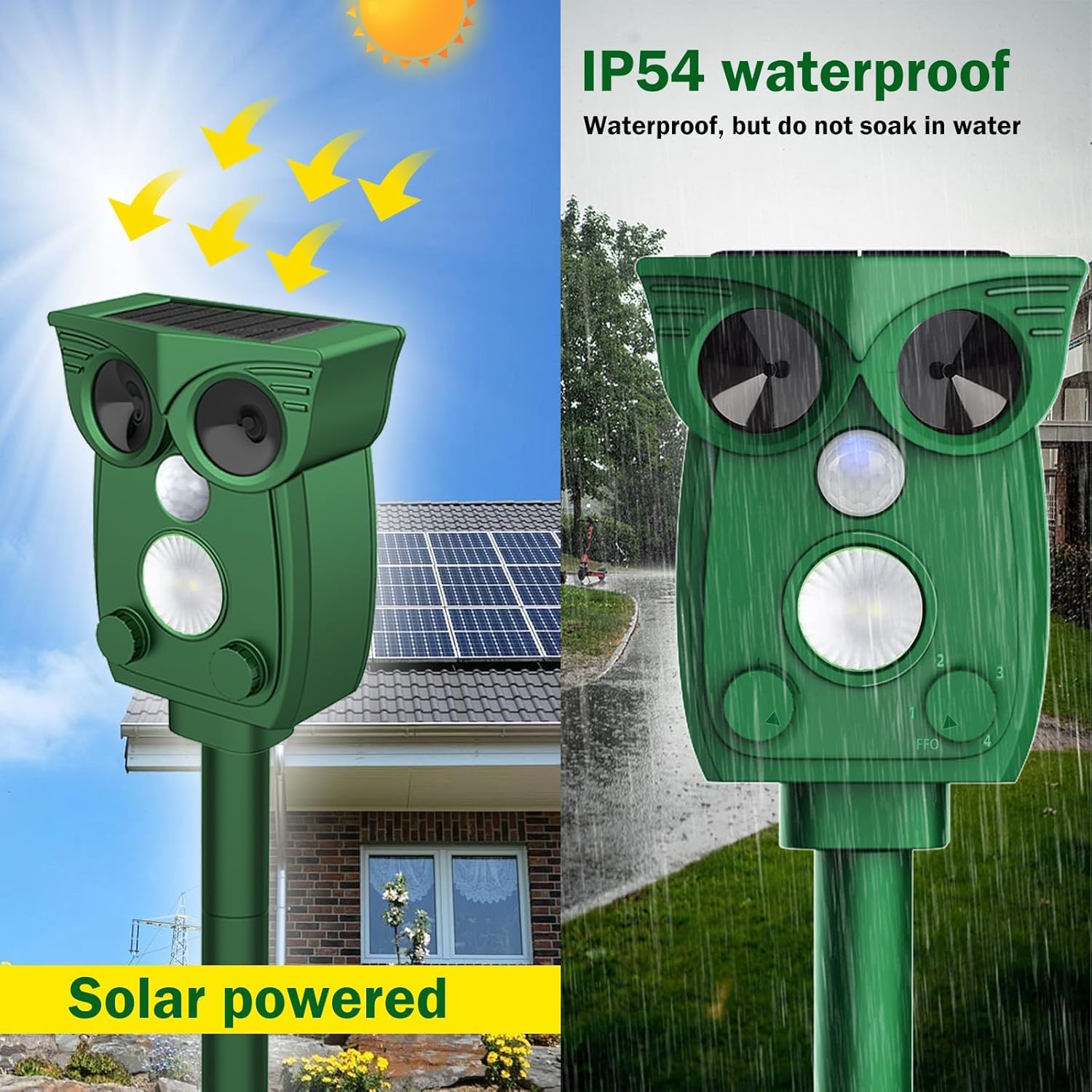 Repelente solar para gatos para jardines, Reino Unido, 4 modos, disuasorio de gatos, repelente ultrasónico para gatos con sensor de movimiento PIR y luz intermitente, repelente ultrasónico impermeable
