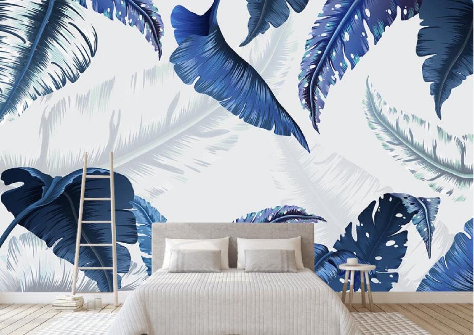 Papier peint mural 3d bleu aux motifs de feuilles pour decoration de salon et chambre