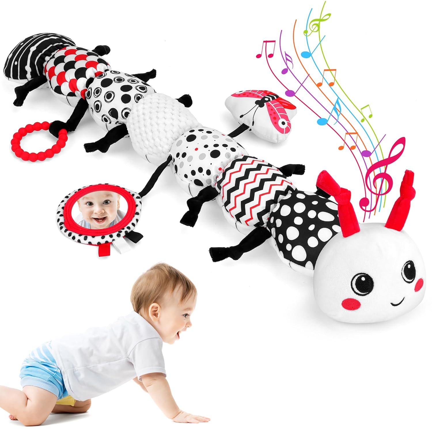 Baby Toys 0-12 Months - Musical Caterpillar Stuffed Animal Soft Plush Toys for Infant Girls Boys 3 6 12 Months Tummy Time Sensory High Contrast Black White Newborn Toys Gifts, W/ Mirror Rattle