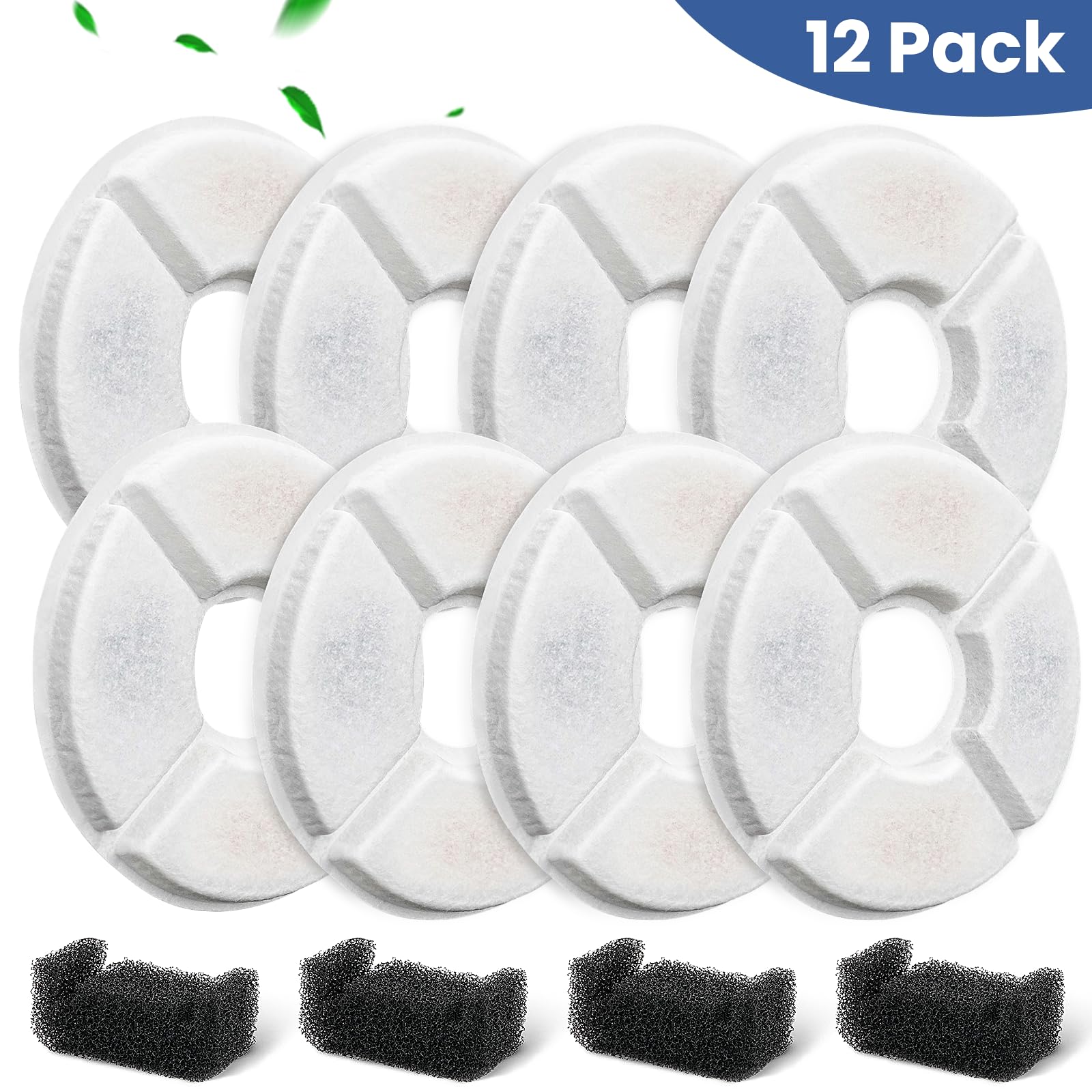 12 sztuk filtrów do fontanny dla kotów, 8 szt. wymiennych filtrów do fontanny dla kotów i 4 szt. gąbki filtrujące wstępne do okrągłej automatycznej fontanny dla zwierząt domowych 2,4 l, system 3