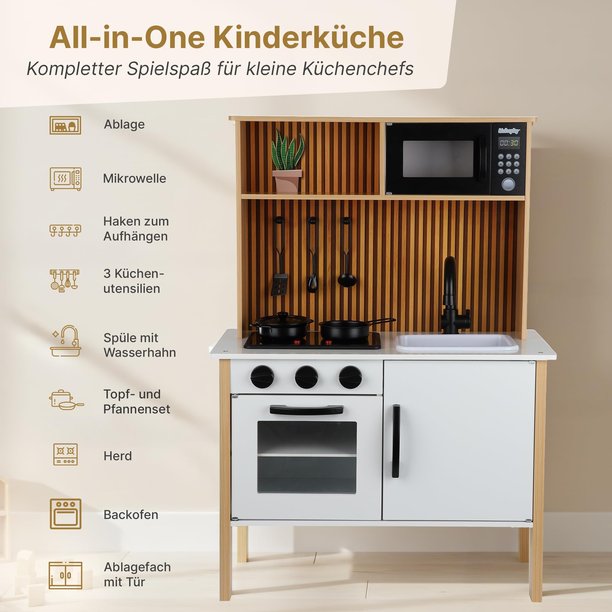 Kinderküche aus Holz mit Licht & Sound – Spielküche mit Zubehör, Herd, Backofen, Spüle, Mikrowelle – Moderne Holzküche für Kinder ab 3 Jahren, GS0070