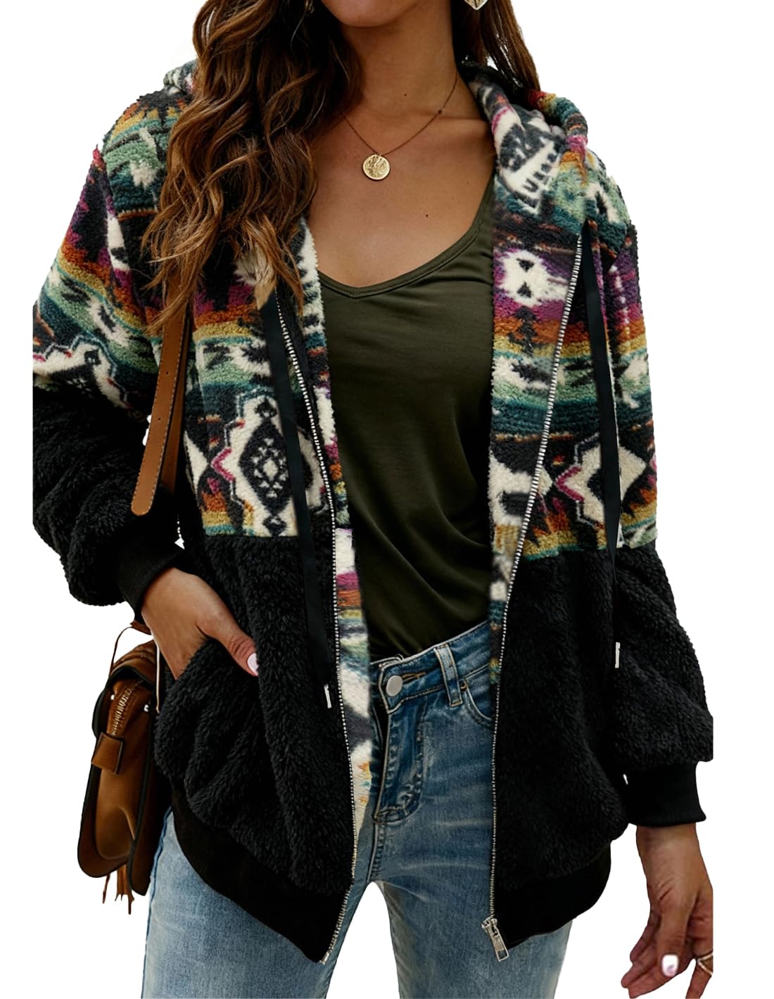ABINGOO Damen Kapuzenjacke Warm Mantel Teddy-Fleece Plüschjacke Leopard Casuale Zip Hoodie Cardigan Outwear