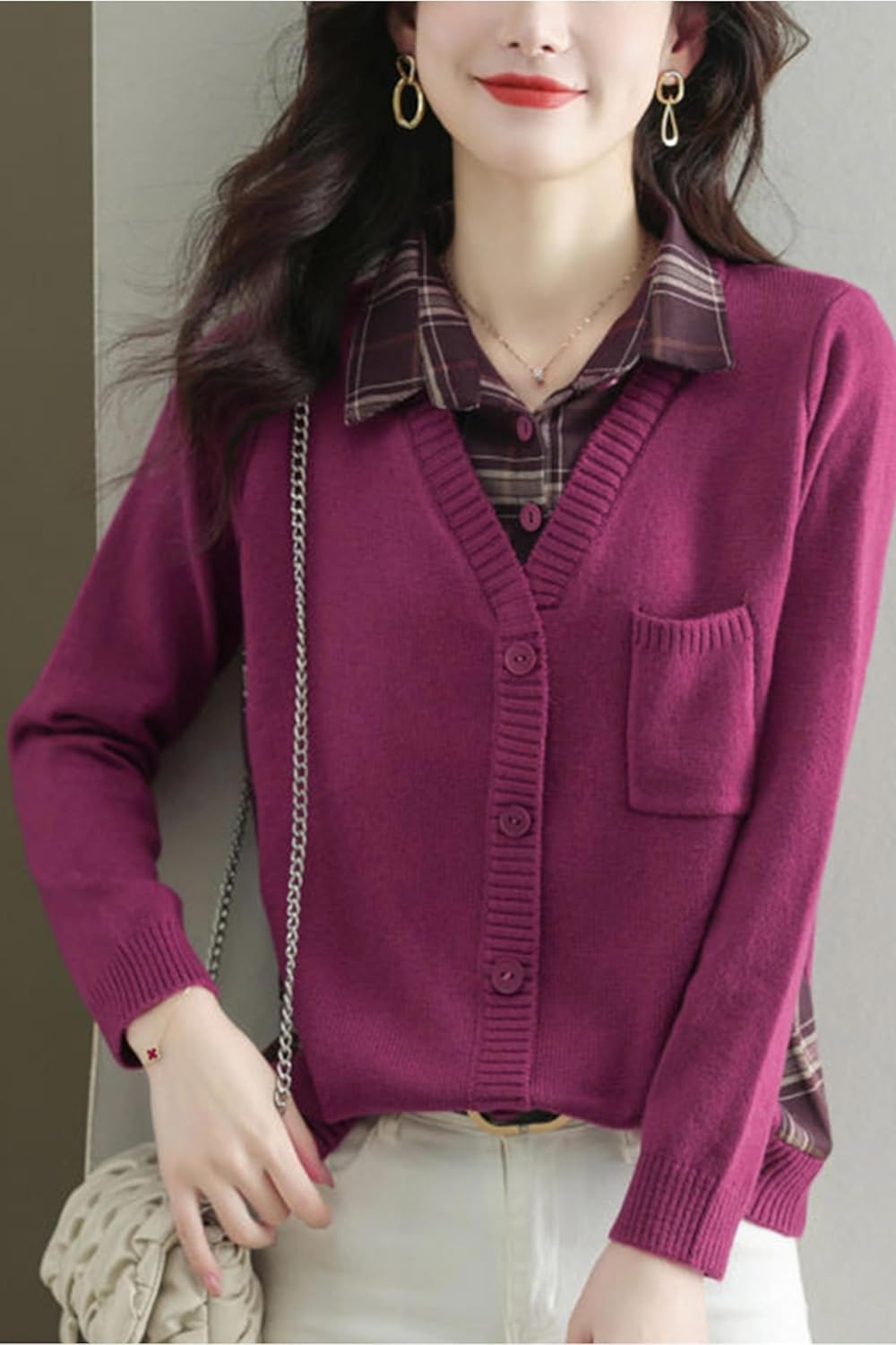 LAI MENG FIVE CATS Women's Casual Collared Knit 2 in 1 Pullover Shirt Long Sleeve Blouse Top - Image 4