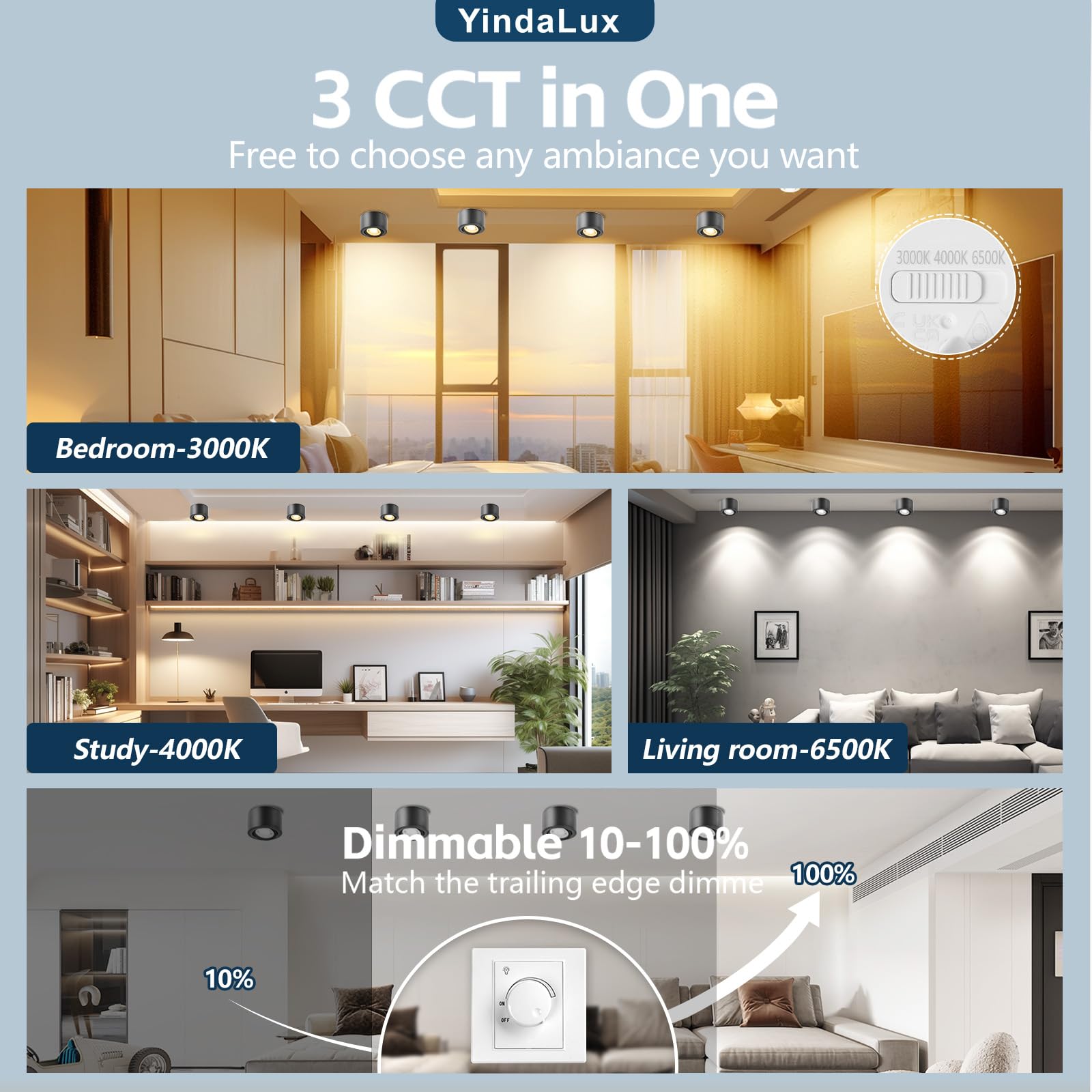 YindaLux 6x 3CCT Faretti LED Soffitto Orientabile - Ø80x50mm Extra Piatto & Inclinabile a 30° - 5W 500LM - Con modulo LED incluso - Alluminio - Dimmerabile Faretto LED Interno（Bianco）