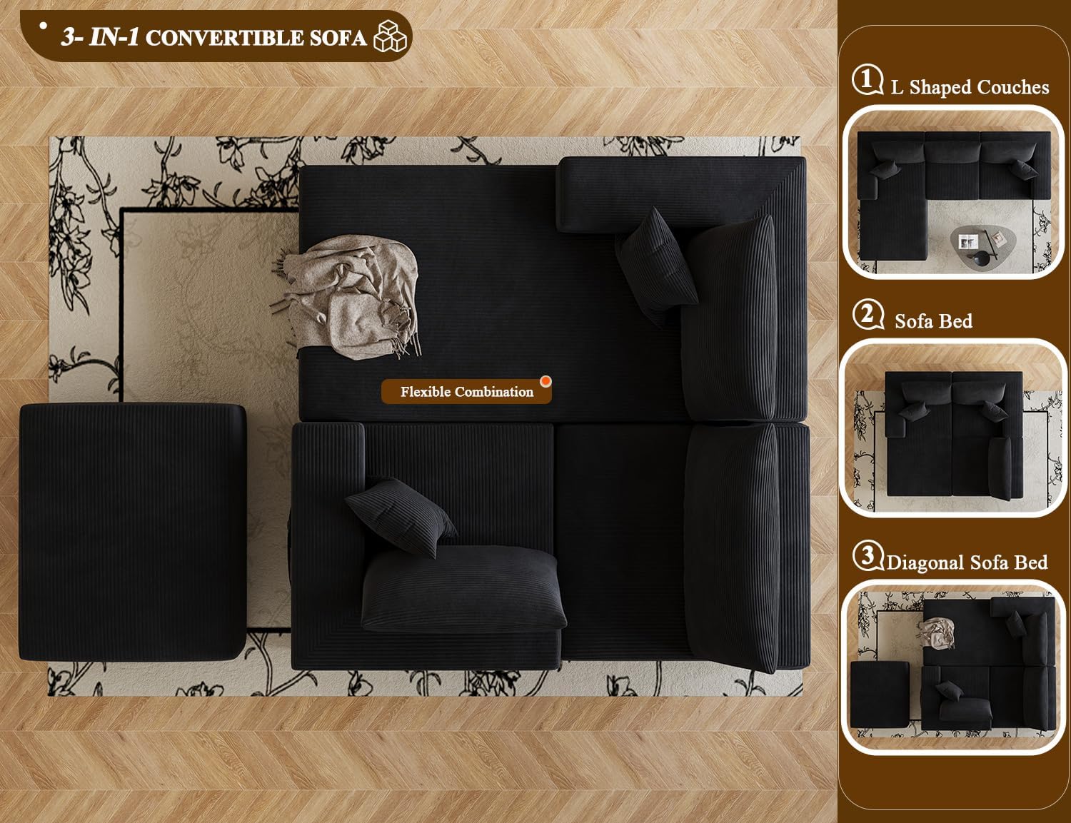 108 inches Modular Sectional Sofa with Chaise, Boneless Comfy Corduroy Fluffy Couch with Deep Seat and Side Pockets, No Assembly Required (3.Black Sofa, 1.L Shaped Couch(Left Facing Chaise))