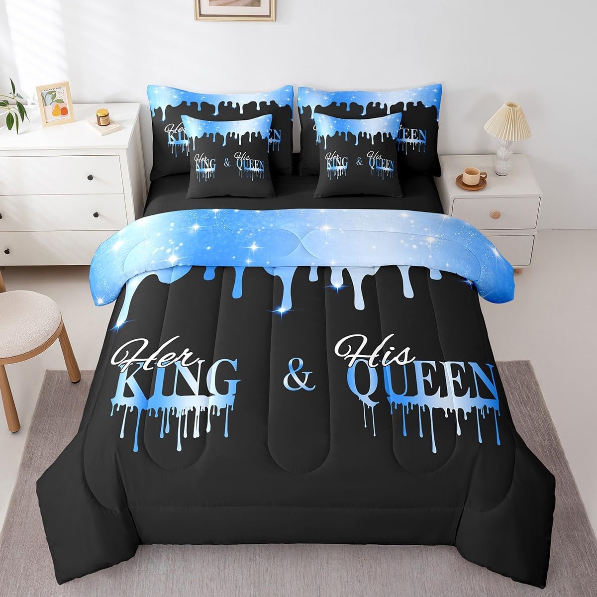 Feelyou Pink Glitter Queen Size 7 Piece Bedding Set, Sexy Lips Bed SetWoman You and Me Bed in a Bag Mr and Mrs Couple Lover Bed Set Includes Comforter, Sheet Set, Pillowcases & Pillow Covers