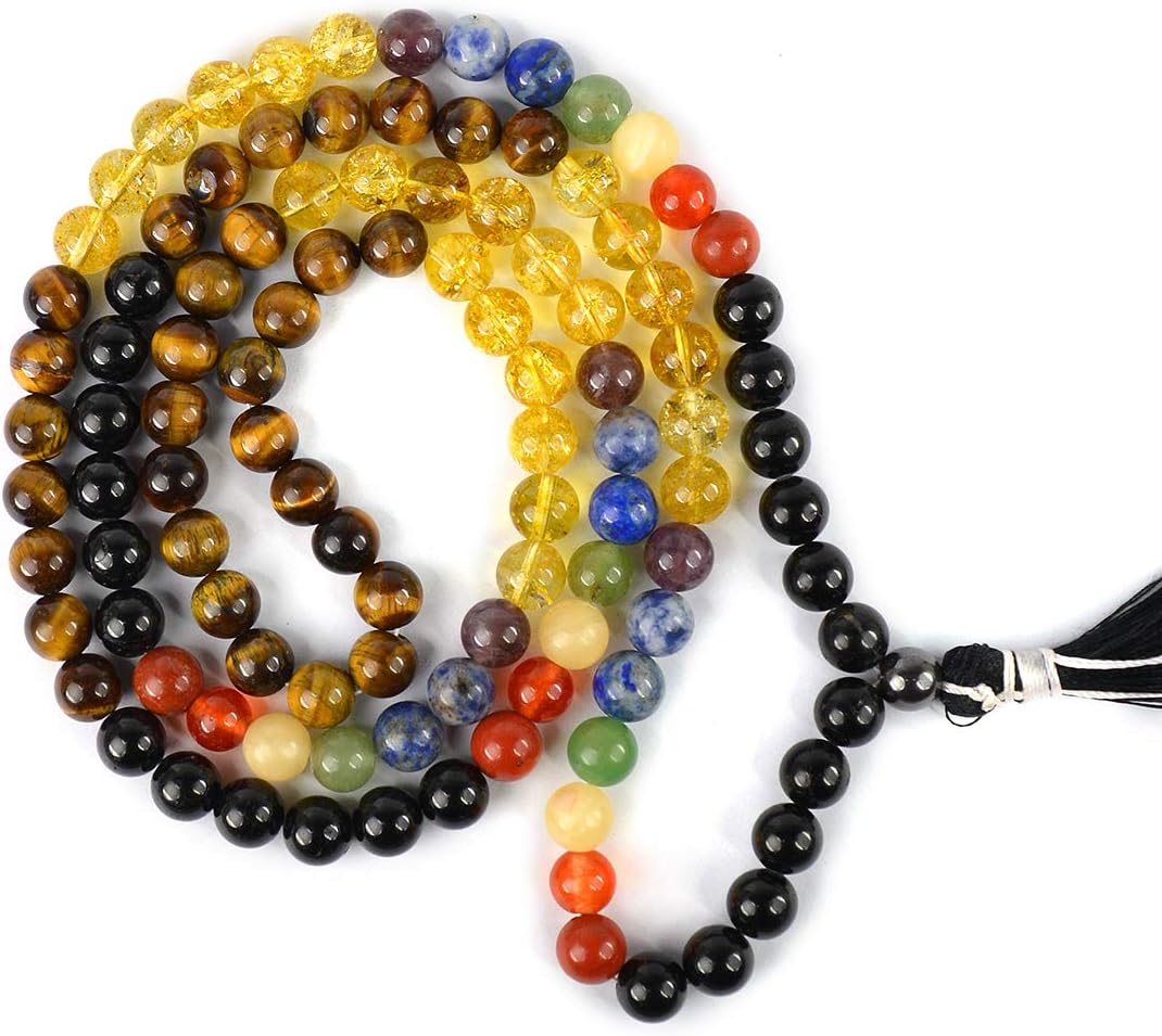 Reiki Crystal Products AA Natural 7 Chakra Tiger Eye Black Tourmaline Citrine Crystal Stone Mala 108 Beads Jap Mala for Unisex, 8 mm, Crystal Stone, Citrine, Tiger Eye, Black Tourmaline etc.