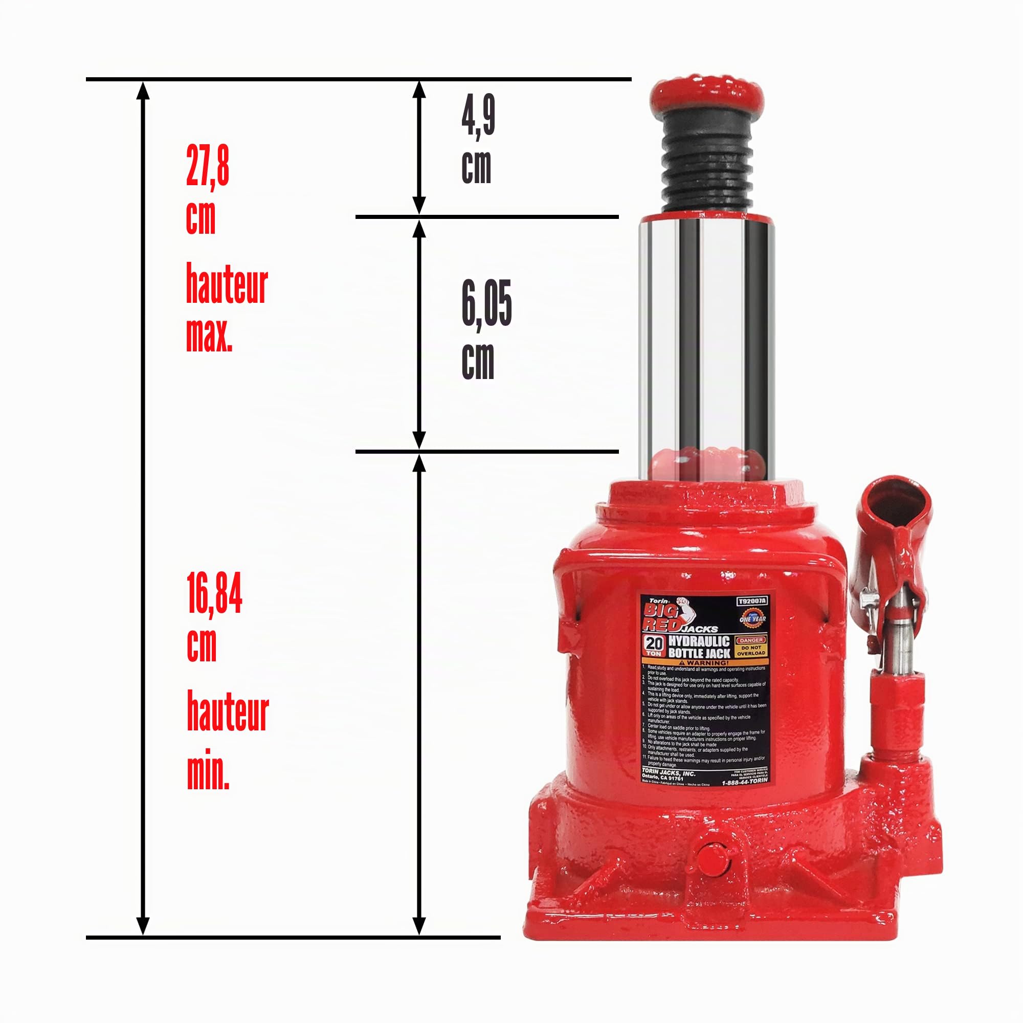 BIG RED Cric bouteille hydraulique soudé à profil bas Torin T92007A, capacité de 20 tonnes, rouge