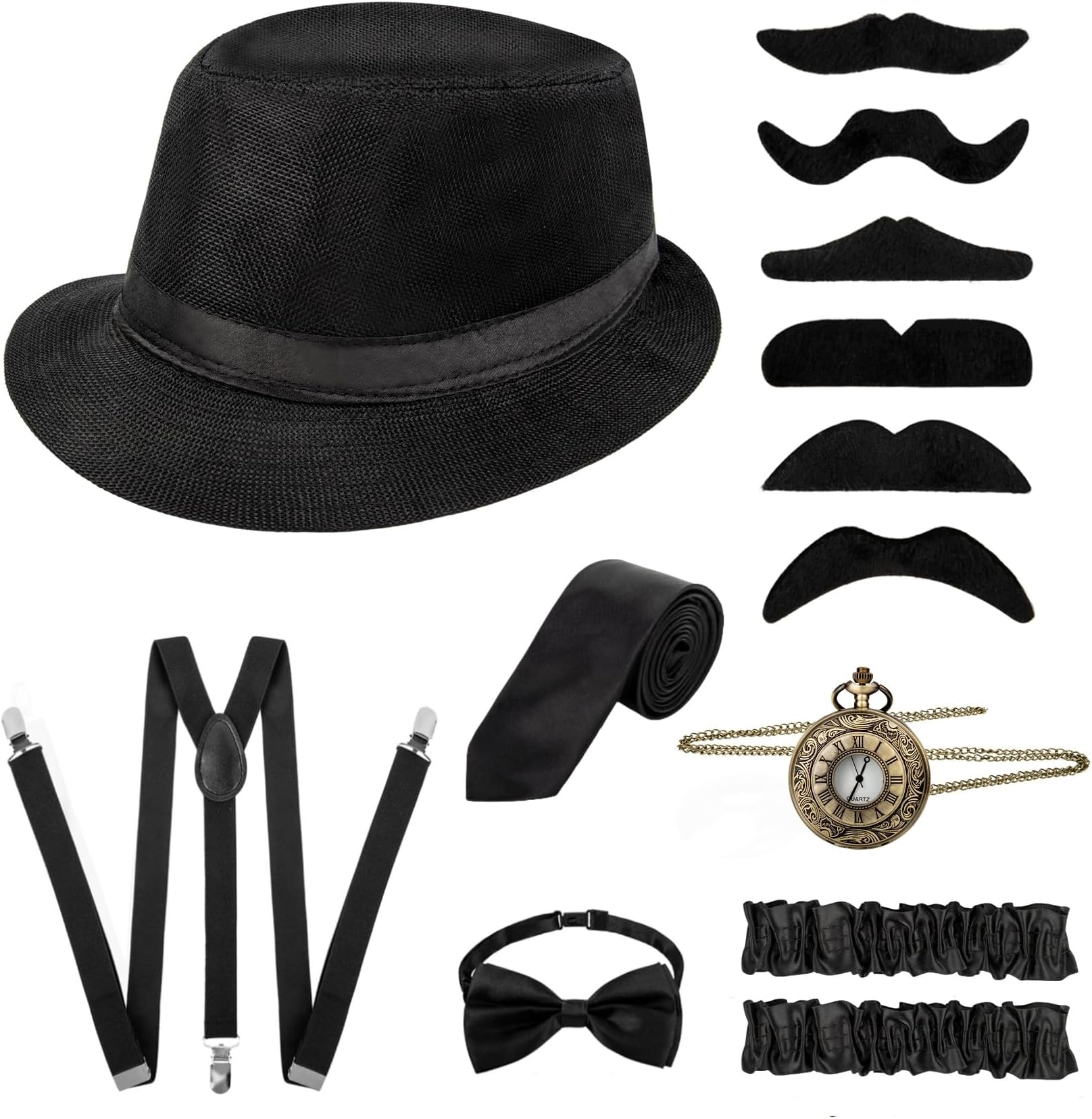 1920s Mens Costume Set Retro Roaring Costumes Suspenders Vintage Hat Bow Tie Accessories,Black