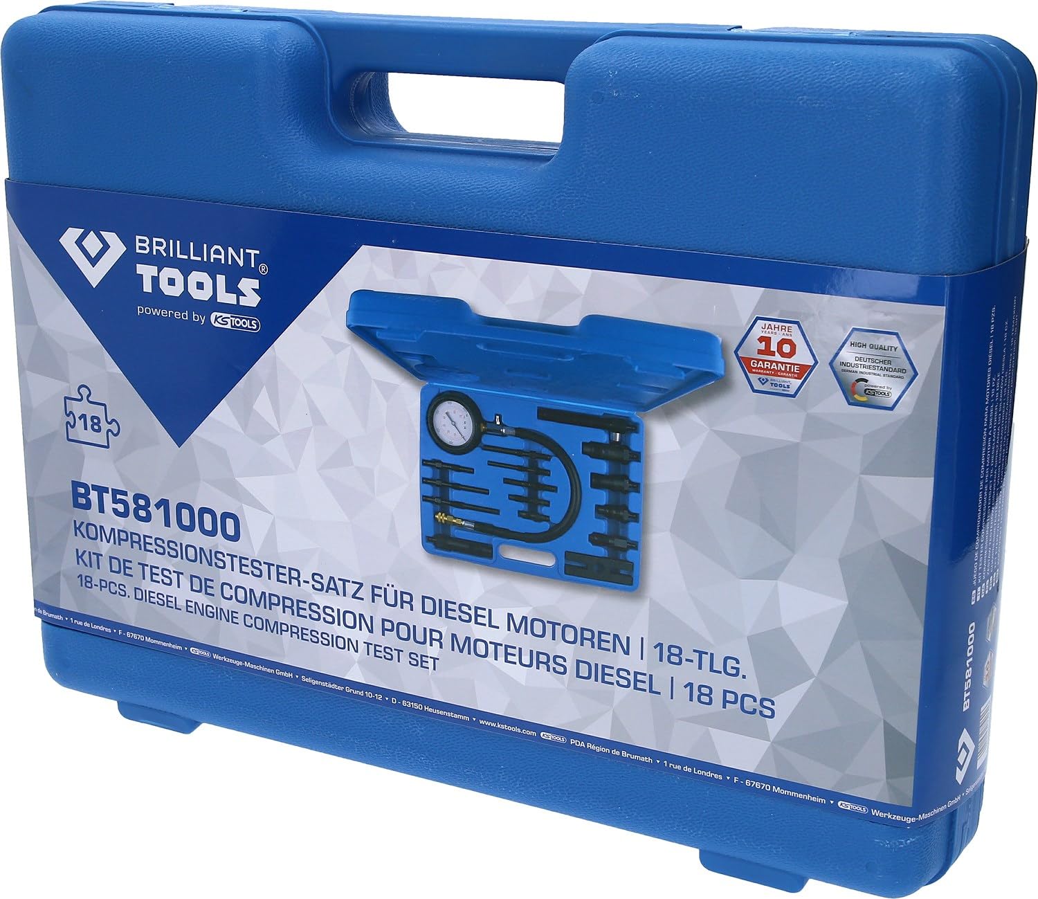 BRILLIANT TOOLS BT581000 Juego de comprobador de compresión para motores diésel, 18 pzs [Powered by KS TOOLS]