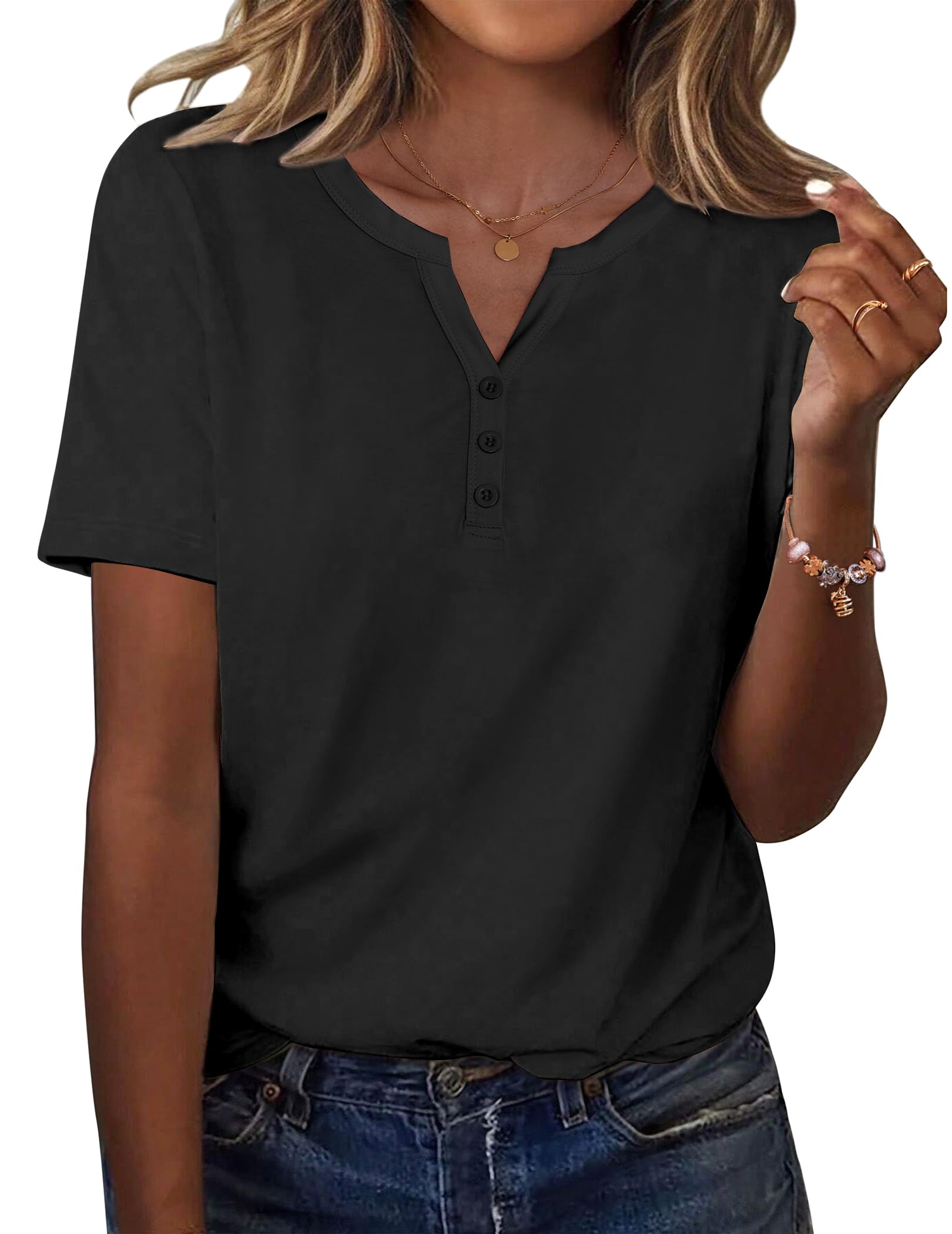 Zeagoo Tshirt Damen Sommer Kurzarm V-Ausschnitt Oberteile Casual Tunika Top | Basic Lockere Shirts Elegant Bluse Tops mit Knöpfe S-XXL