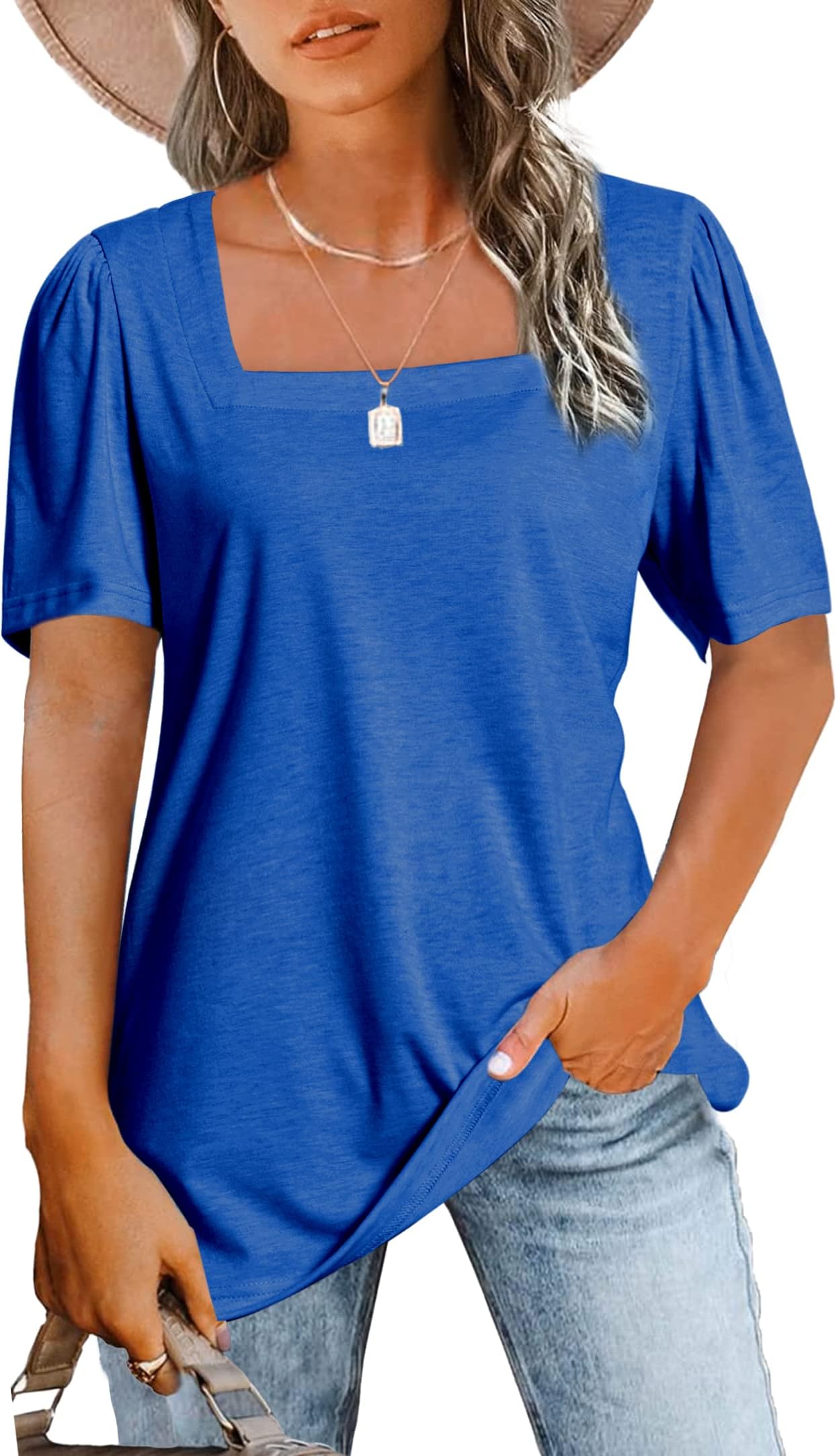 Womens Tops Casual Short Sleeve Square Neck Shirts Puff Sleeve Tshirts Loose Casual Blouse Summer Tee